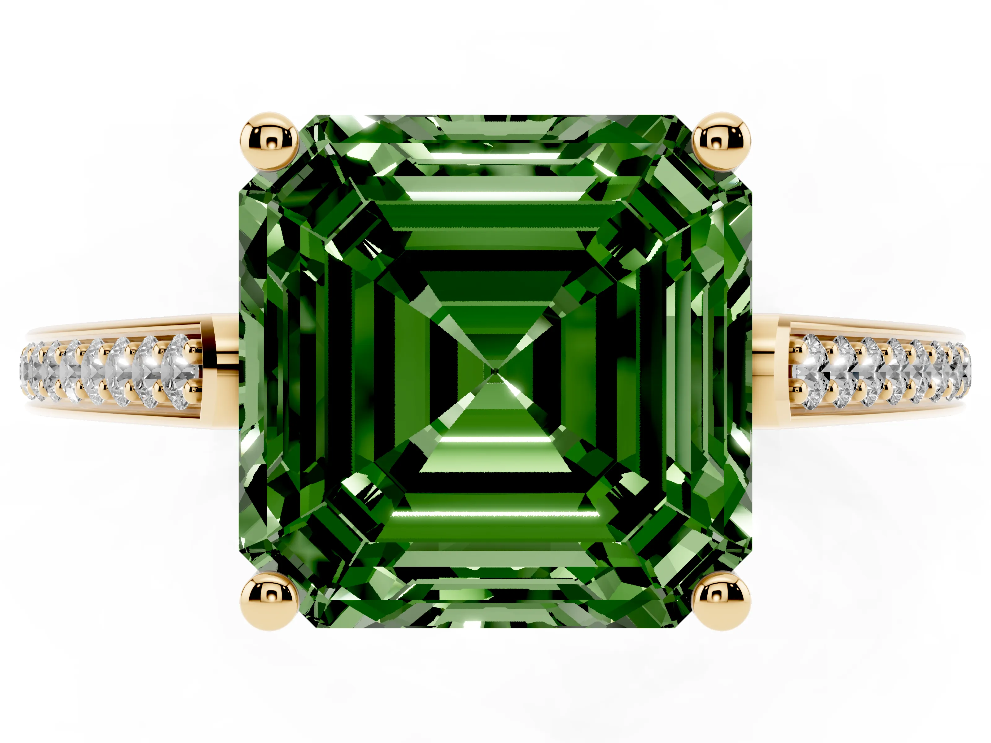 Fancy Green Asscher Cut Diamond Cathedral Pavé Engagement Ring Set in Yellow gold with Prong Setting