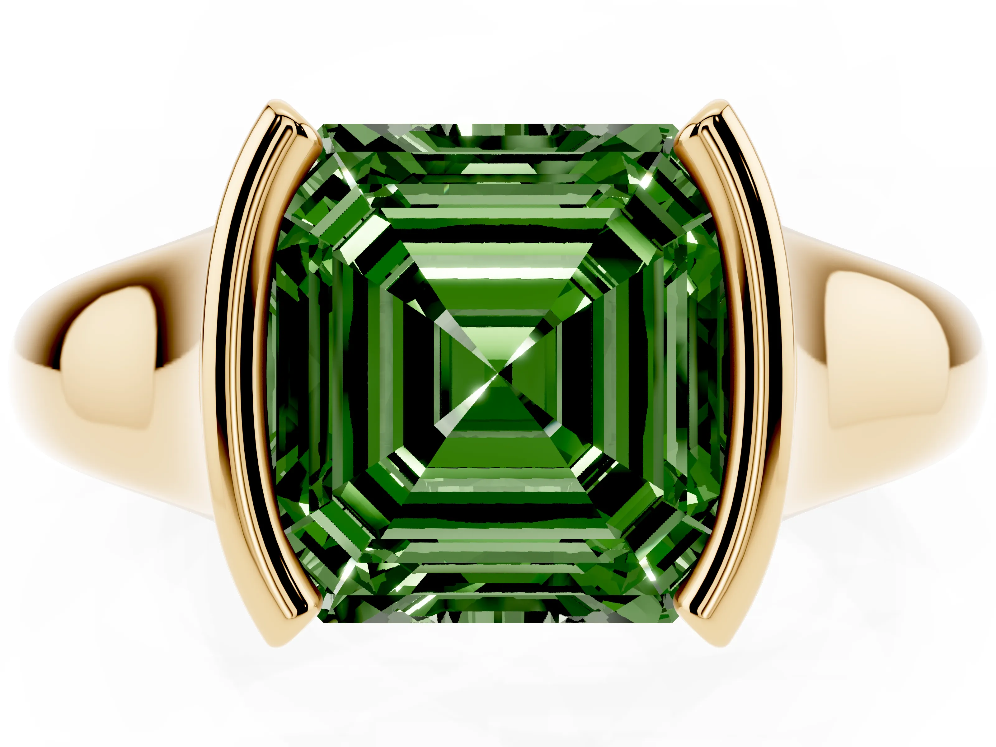 Fancy Green Asscher Cut Diamond Solitaire Tension Set Ring Set in Yellow gold with Split Shank Band