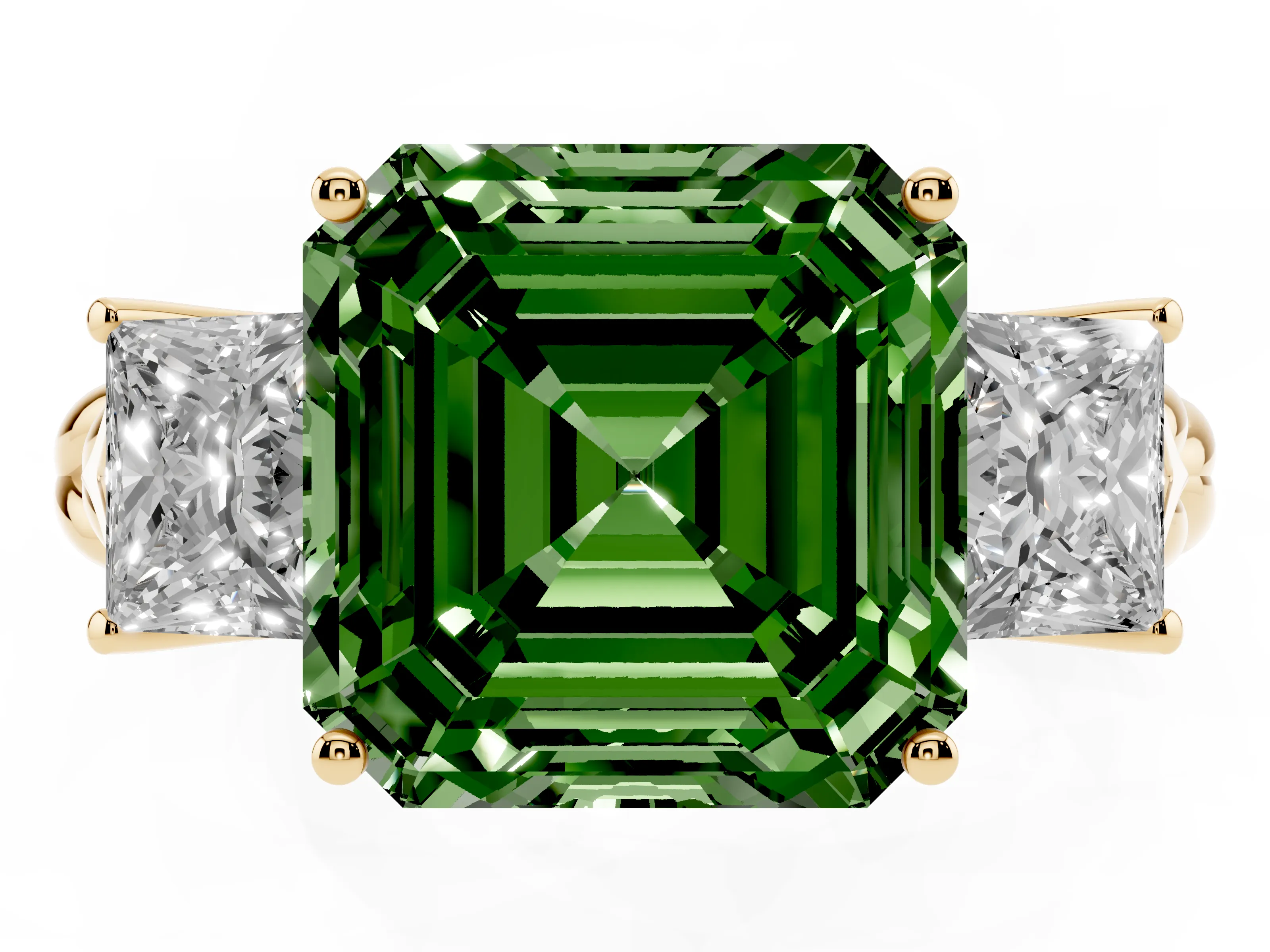 Fancy Green Asscher Cut Diamond Three-Stone Ring Set in Yellow gold with Braided Band