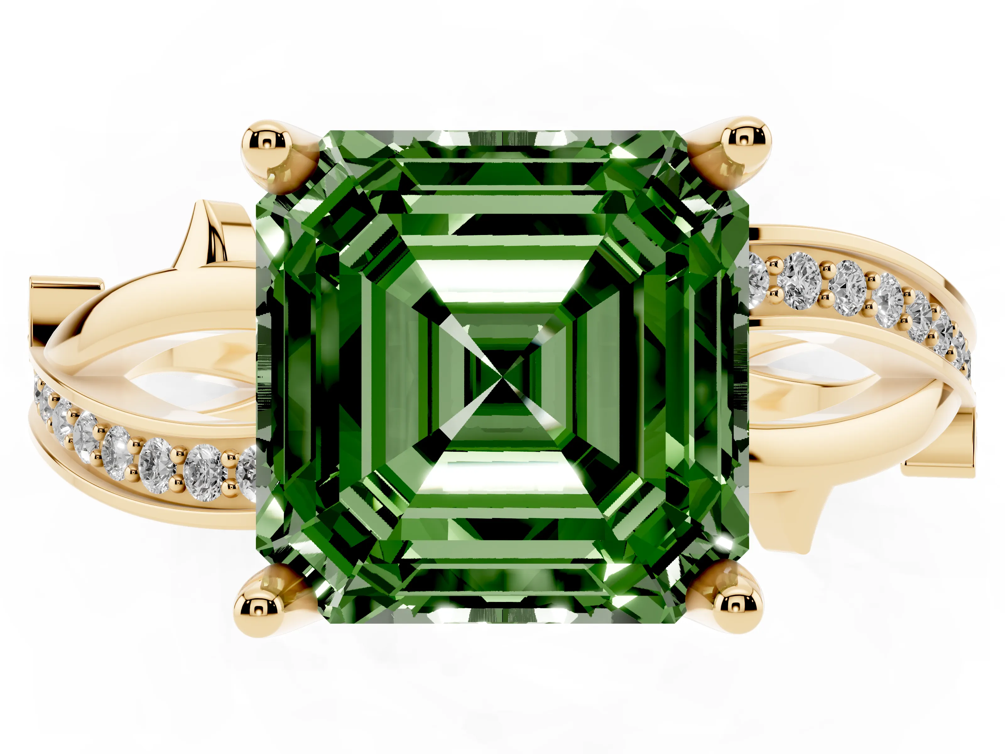 Fancy Green Asscher Cut Diamond Pavé Twist Band Solitaire Ring Set in Yellow gold with Prong Setting