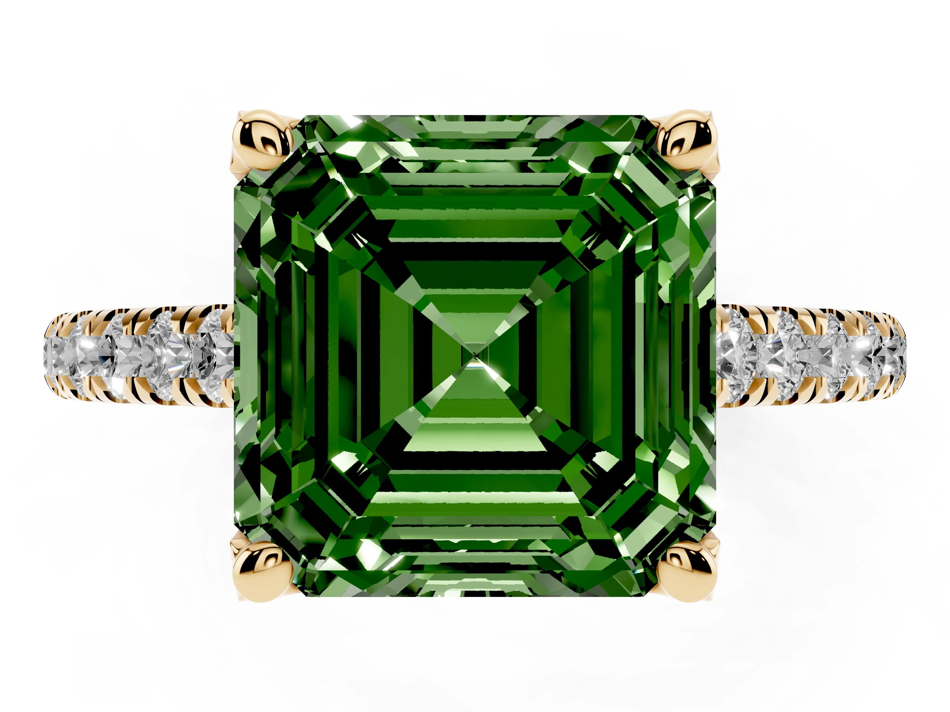 Fancy Green Asscher Cut Diamond Solitaire Ring Set in Yellow gold with Brilliant Pavé Band and Prong Setting