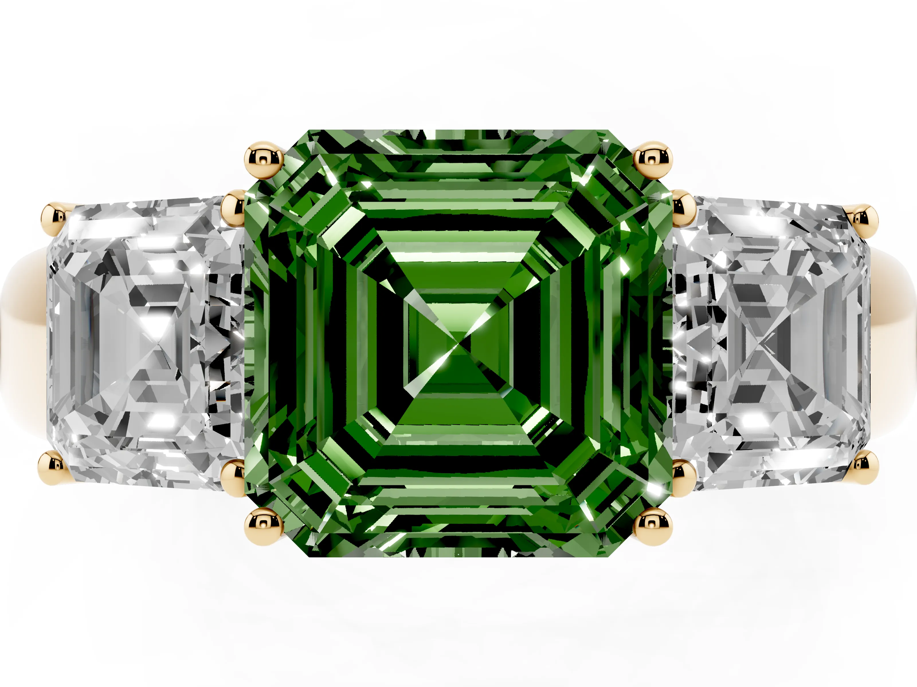 Fancy Green Three-Stone Asscher Cut Diamond Ring Set in Yellow gold with Matching Prong Settings and Plain Band