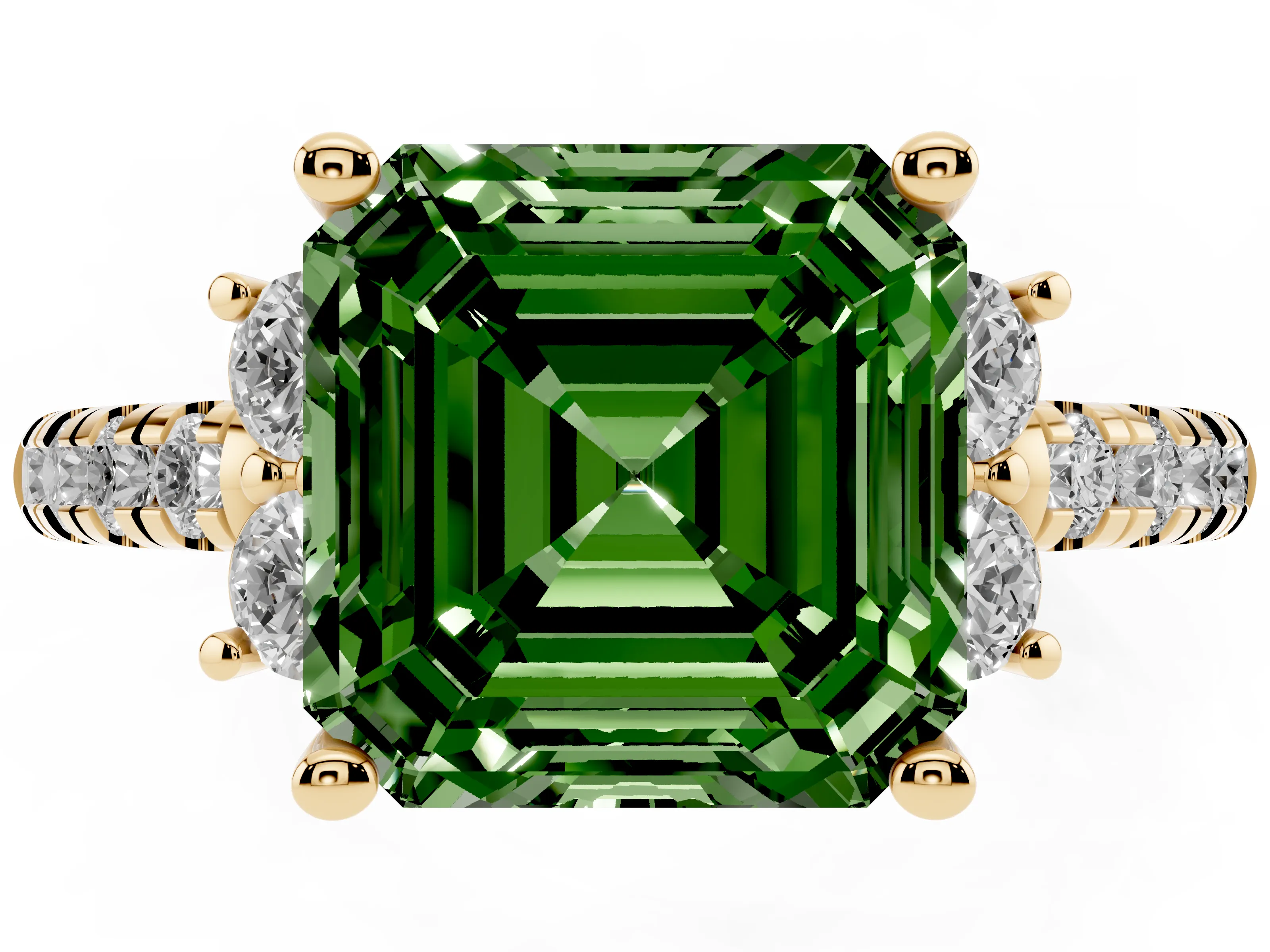 Fancy Green Asscher Cut Diamond Three-Stone Pavé Ring Set in Yellow gold with Prong Setting