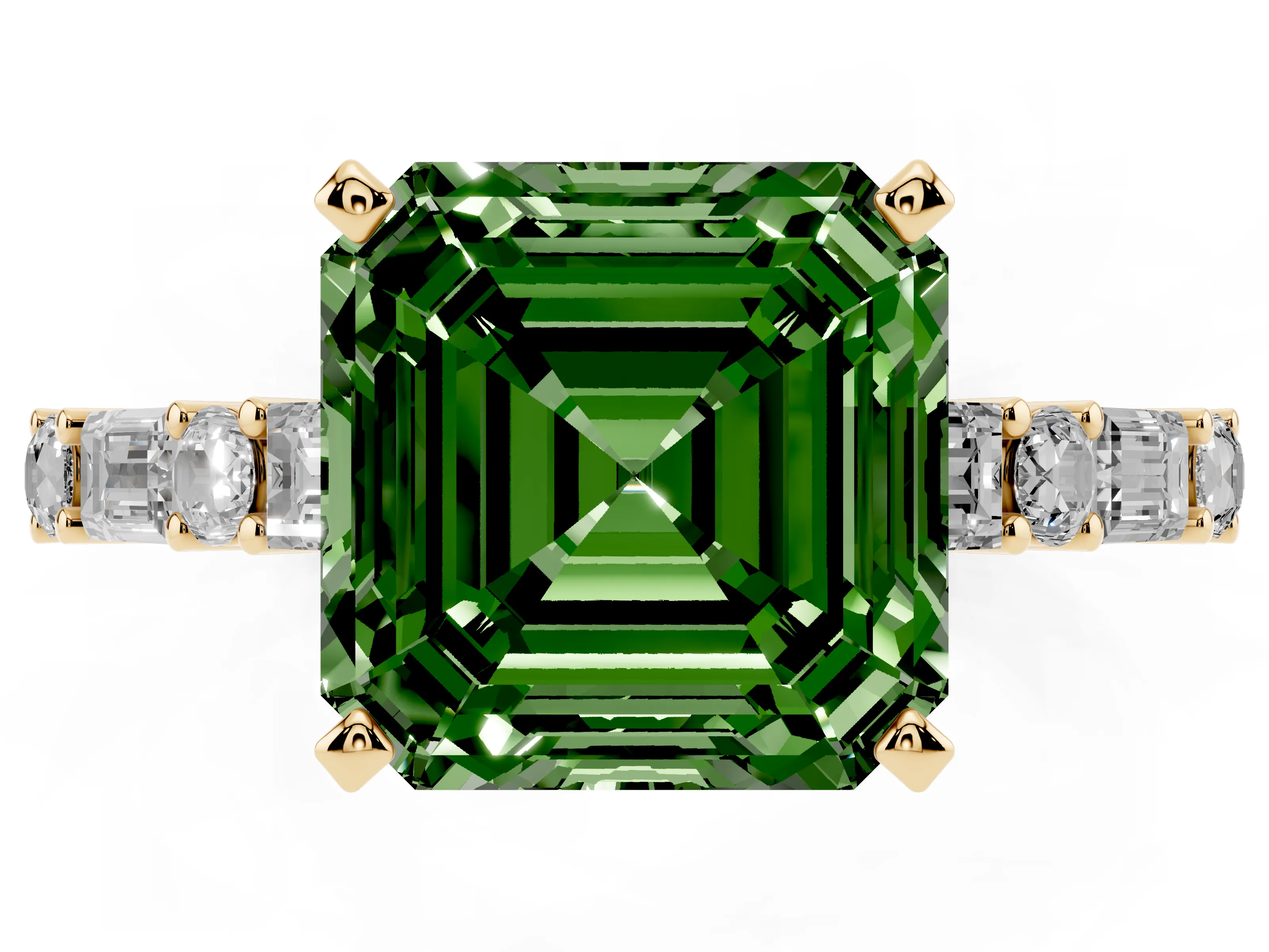 Fancy Green Asscher Cut Diamond Solitaire Set in Yellow gold with Side Baguettes and Channel Set Band