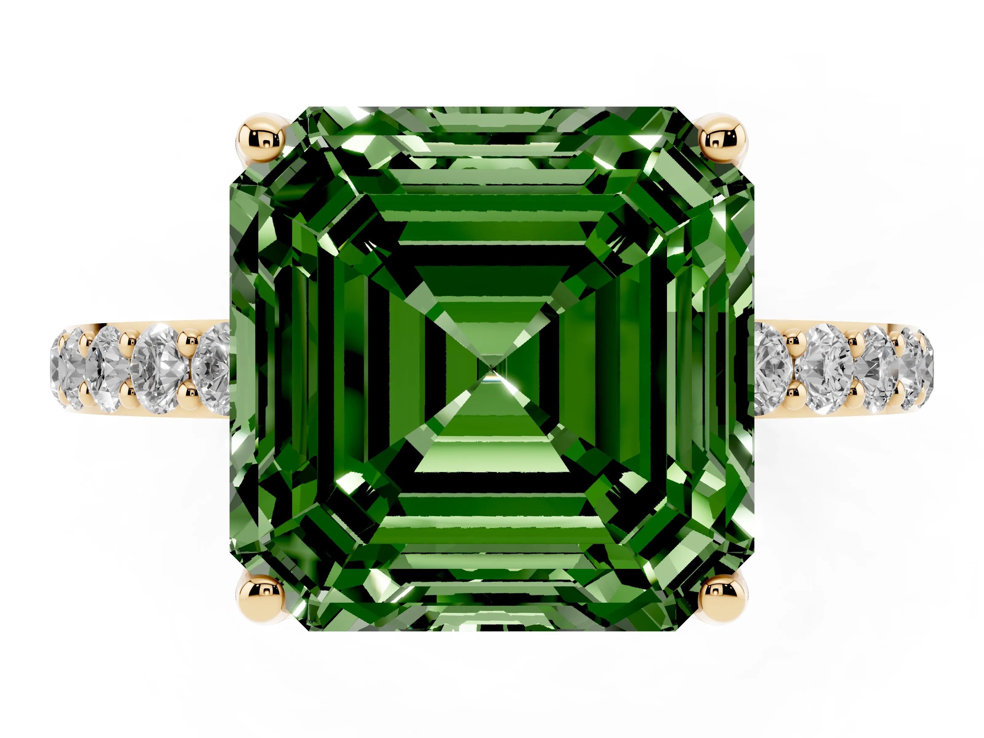 Fancy Green Asscher Cut Diamond Solitaire Engagement Ring Set in Yellow gold with Round Pavé Band and Prong Setting