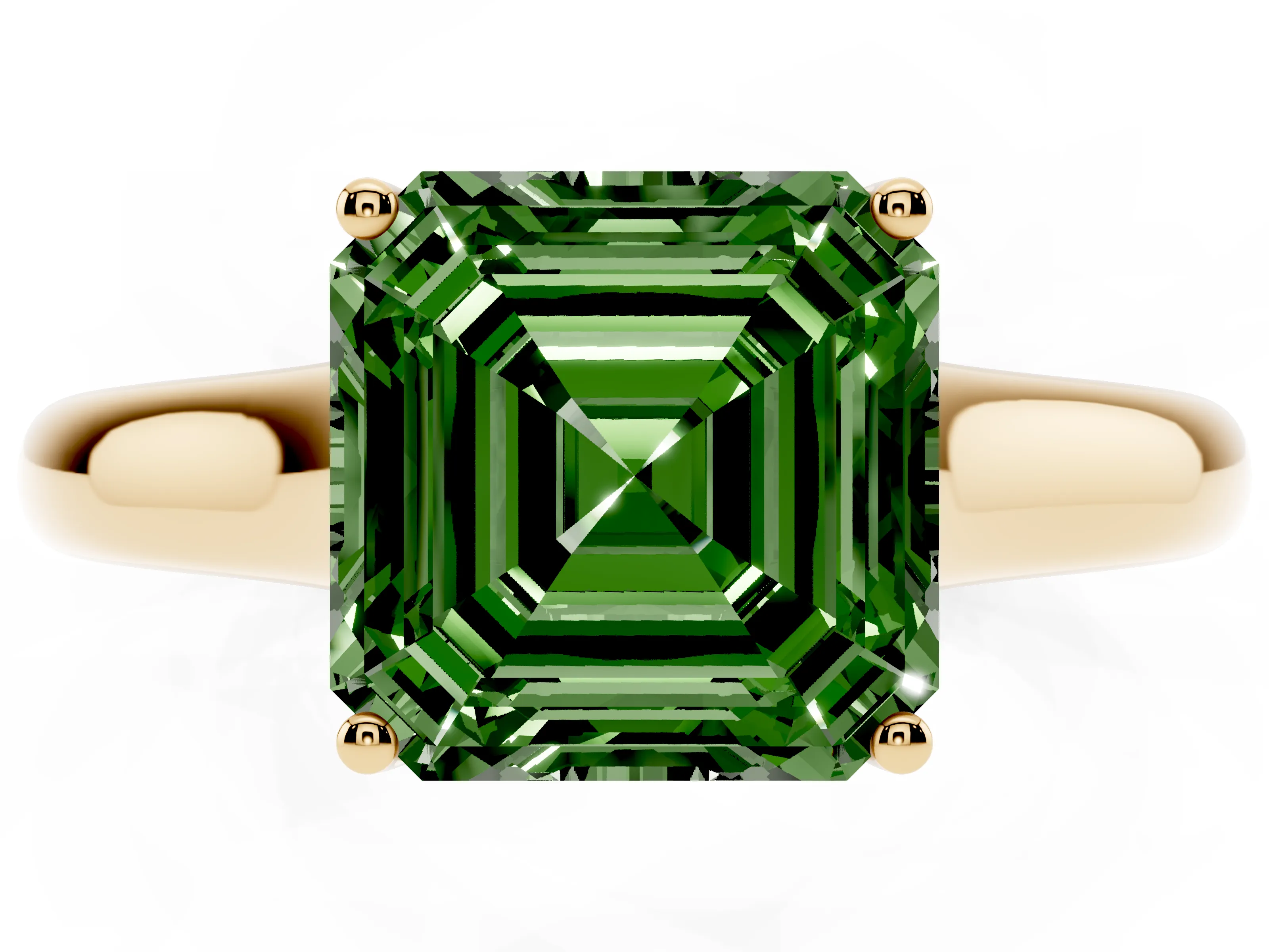 Fancy Green Asscher Cut Diamond Solitaire Engagement Ring Set in Yellow gold with Subtly Tapered Band and Prong Setting