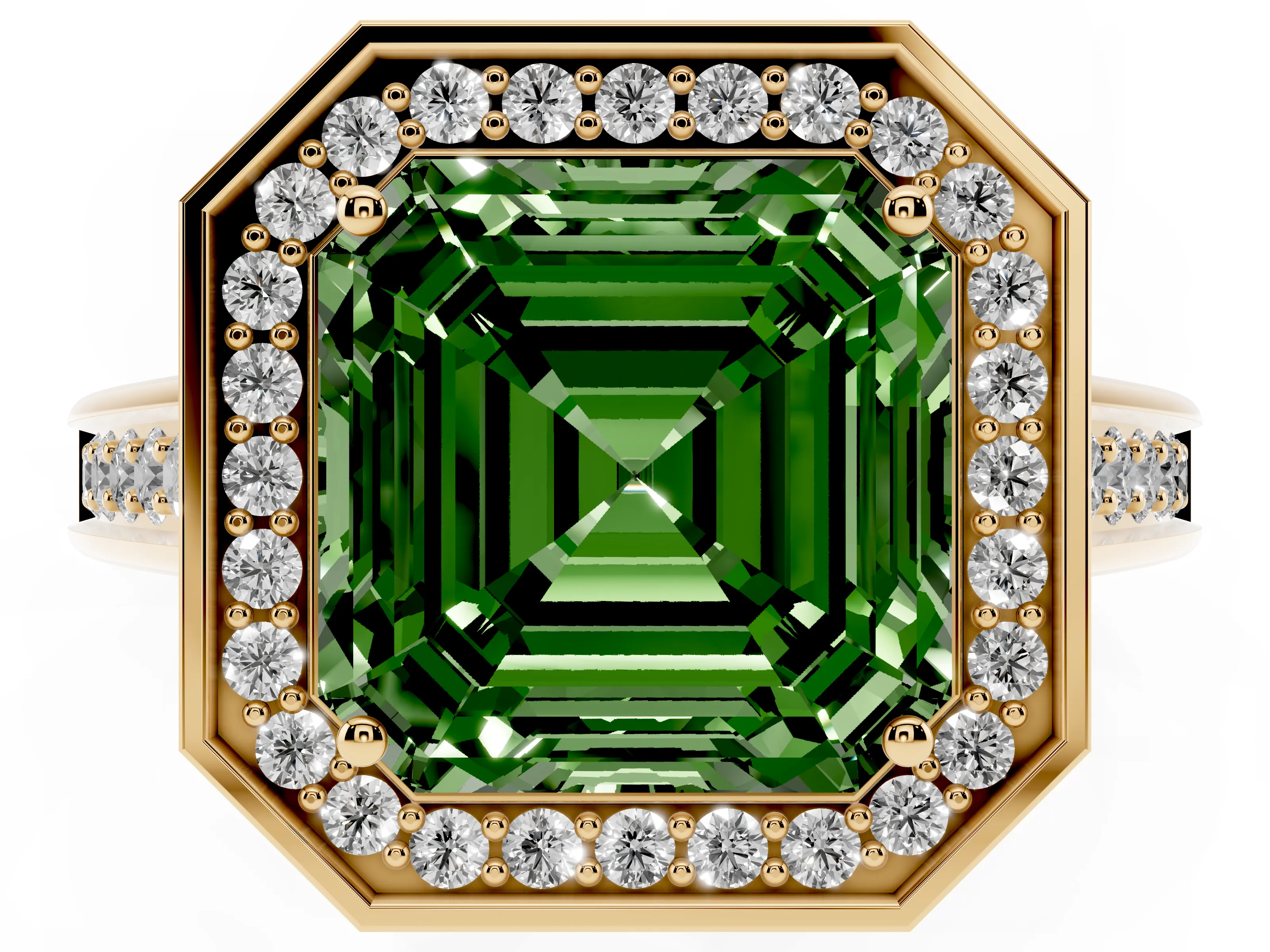 Fancy Green Asscher Cut Diamond Halo Solitaire Ring Set in Yellow gold with Pavé Band and Bezel Setting