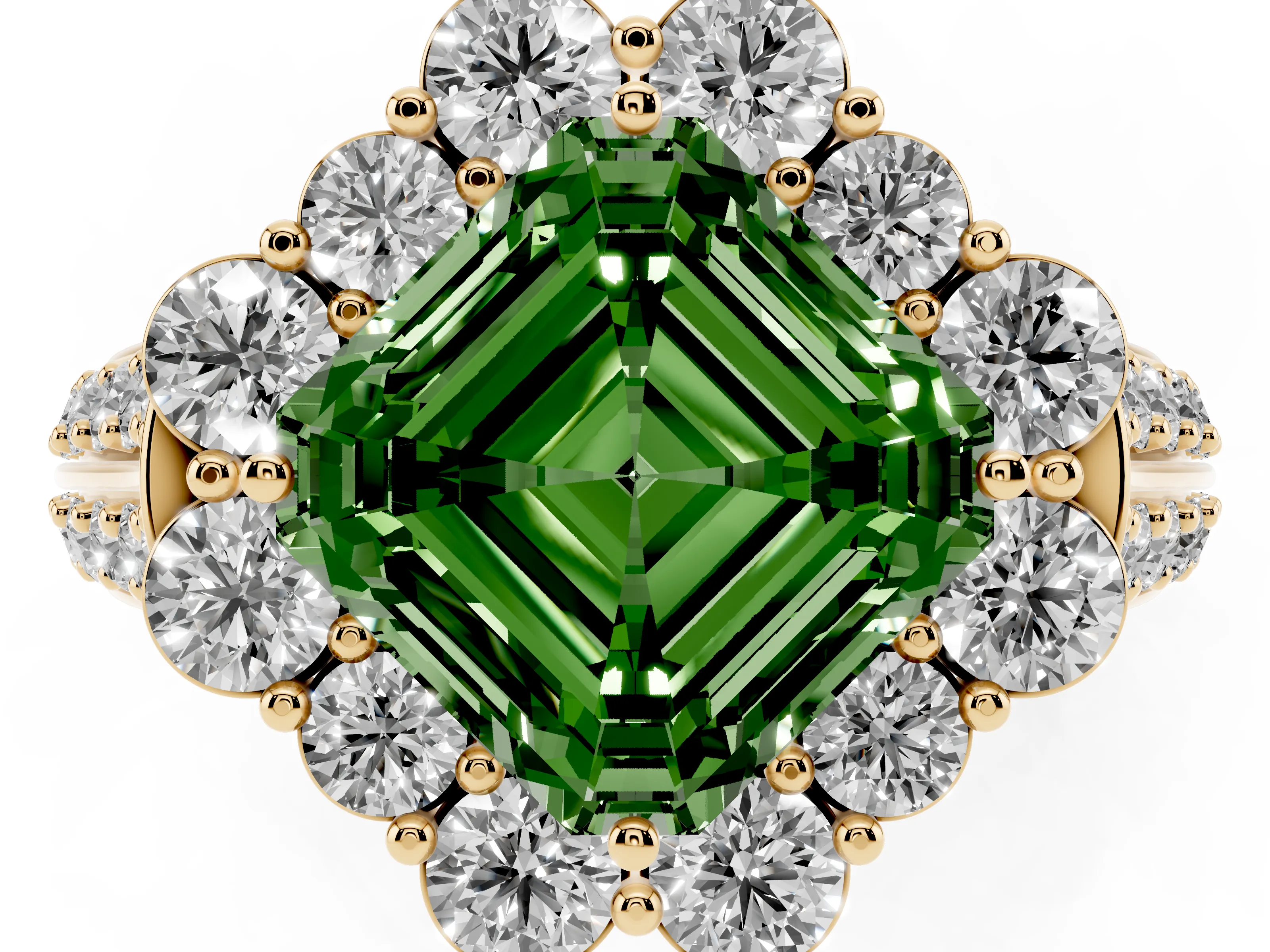 Fancy Green Asscher Cut Diamond Halo Engagement Ring Set in Yellow gold with Split Shank and Prong Setting