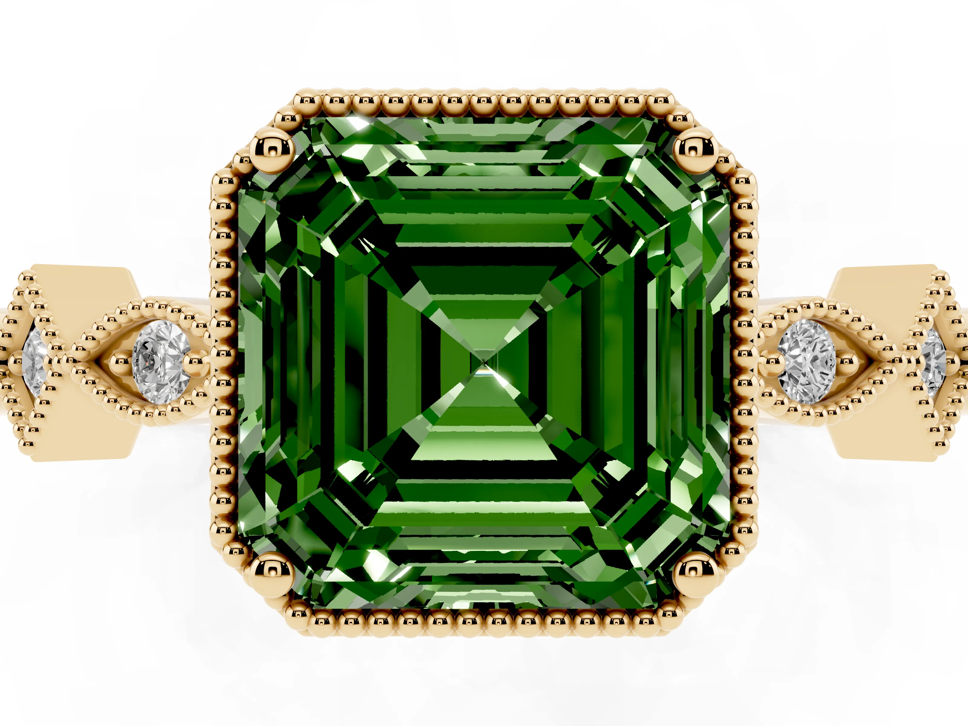 Fancy Green Asscher Cut Diamond Milgrain Marquise Twist Band Ring Set in Yellow gold with Prong Setting