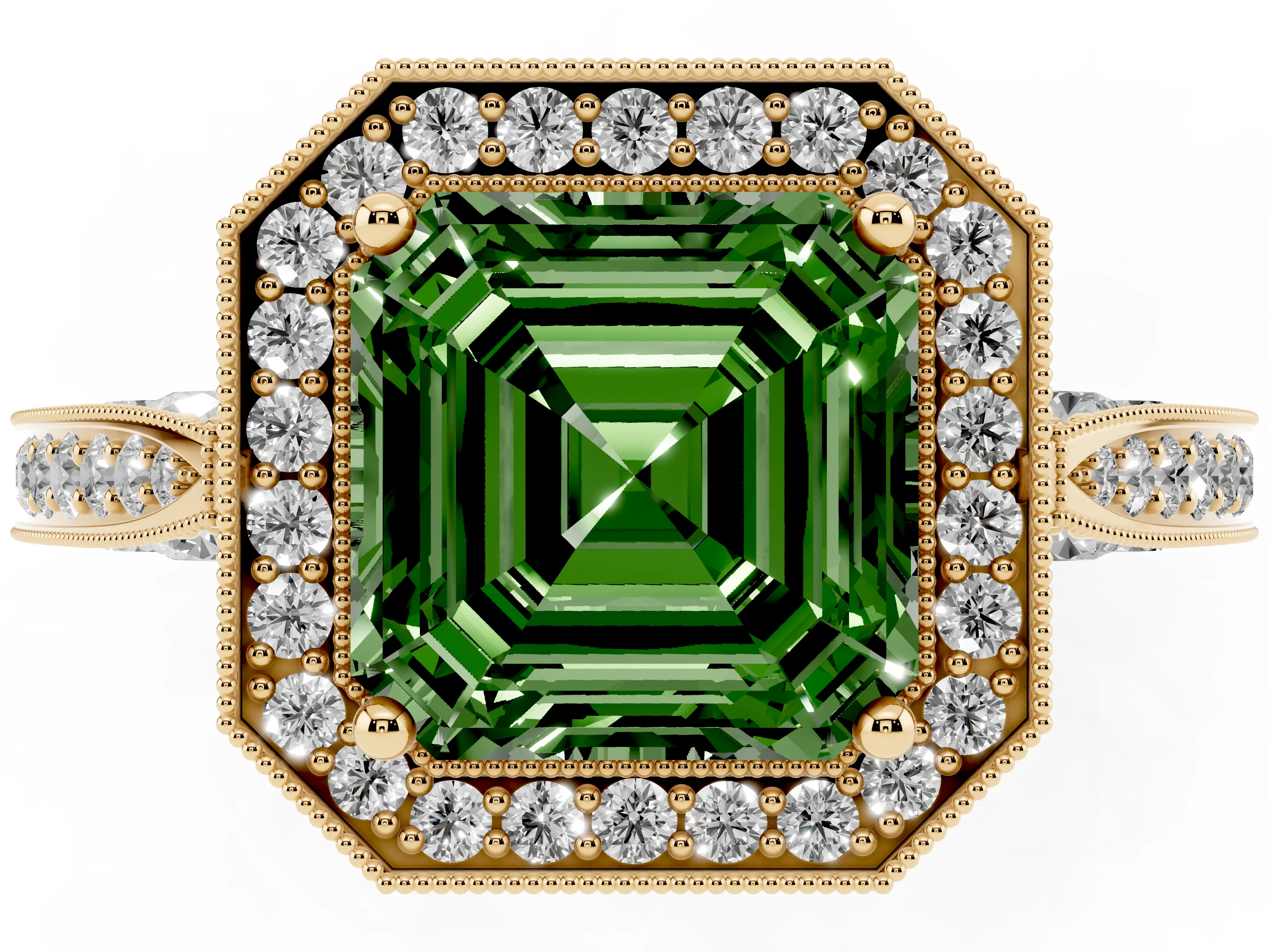Fancy Green Asscher Cut Diamond Halo Engagement Ring Set in Yellow gold with Accent Split Shank Band