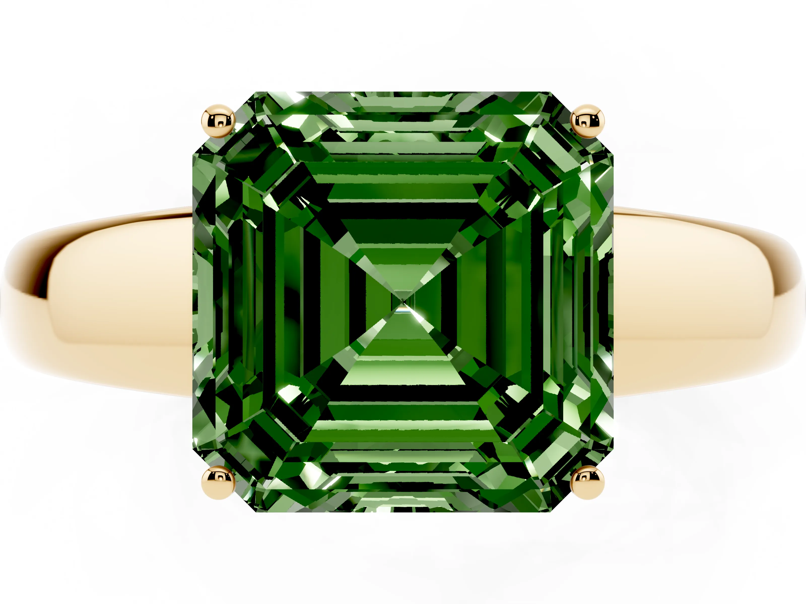 Fancy Green Asscher Cut Diamond Solitaire Ring Set in Yellow gold with Tapered Band and Prong Setting