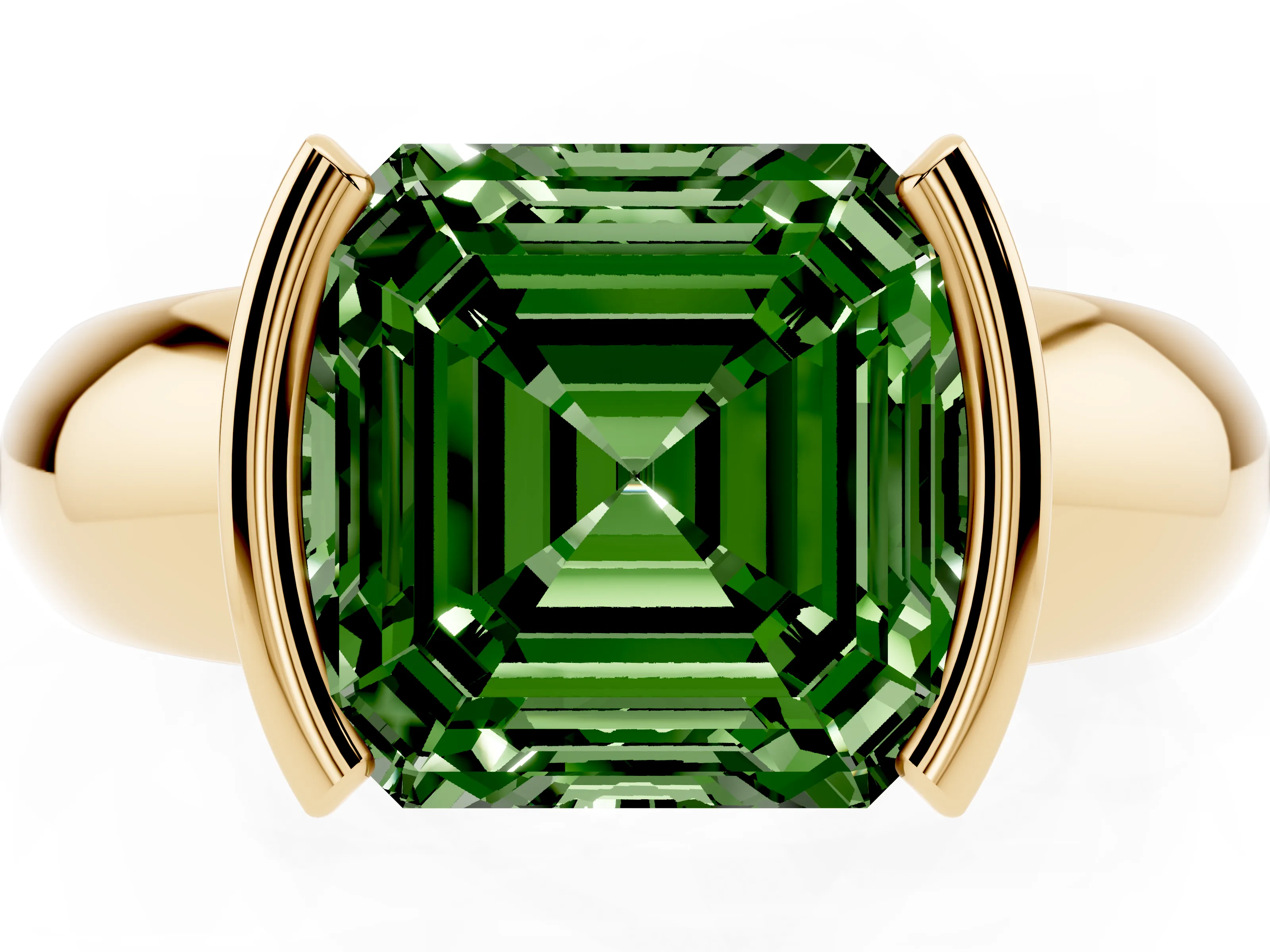 Fancy Green Asscher Cut Diamond Solitaire Tension Set Ring Set in Yellow gold with Wide Band