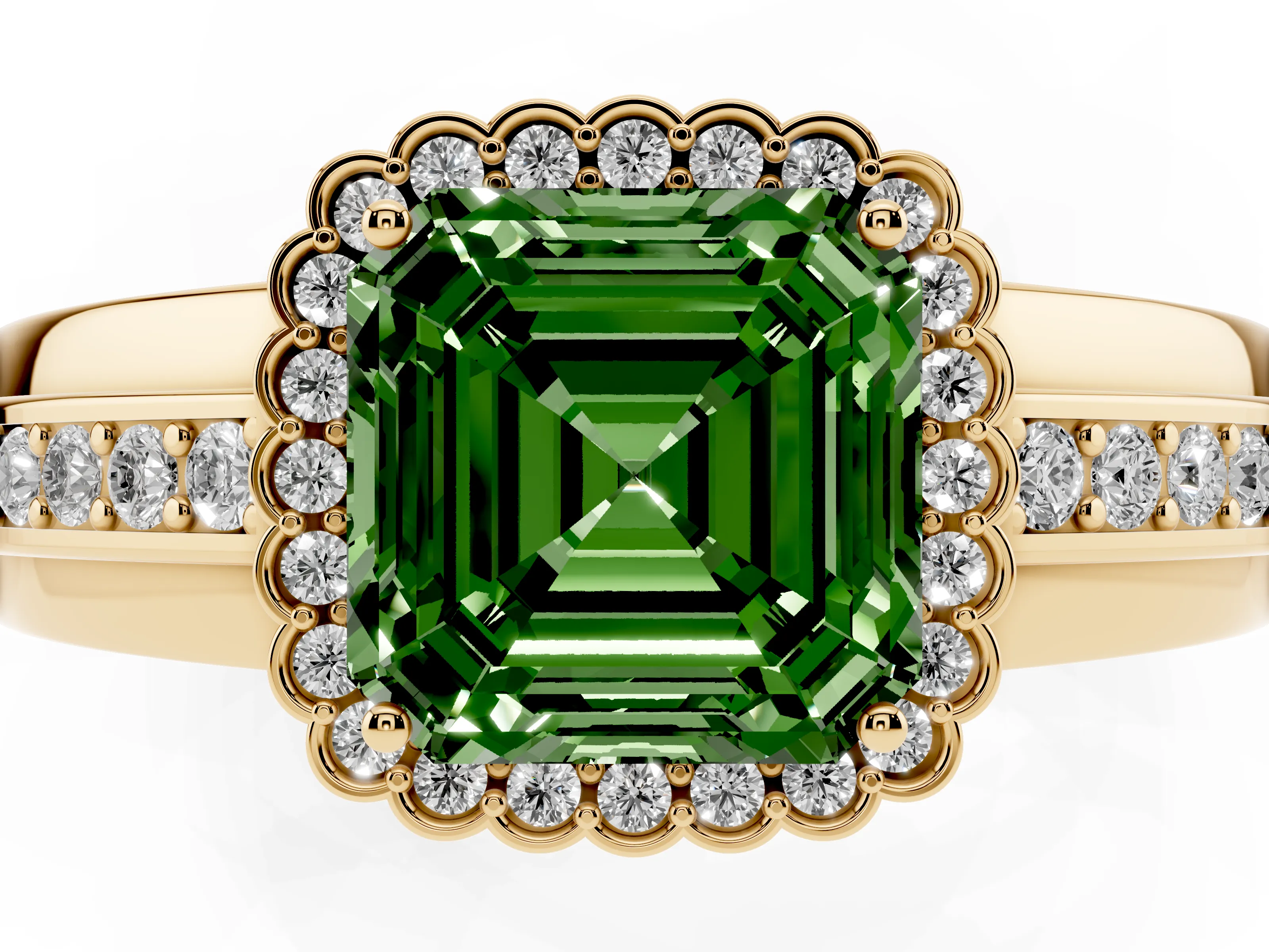 Fancy Green Asscher Cut Diamond Halo Prong Ring Set in Yellow gold with Pavé Band