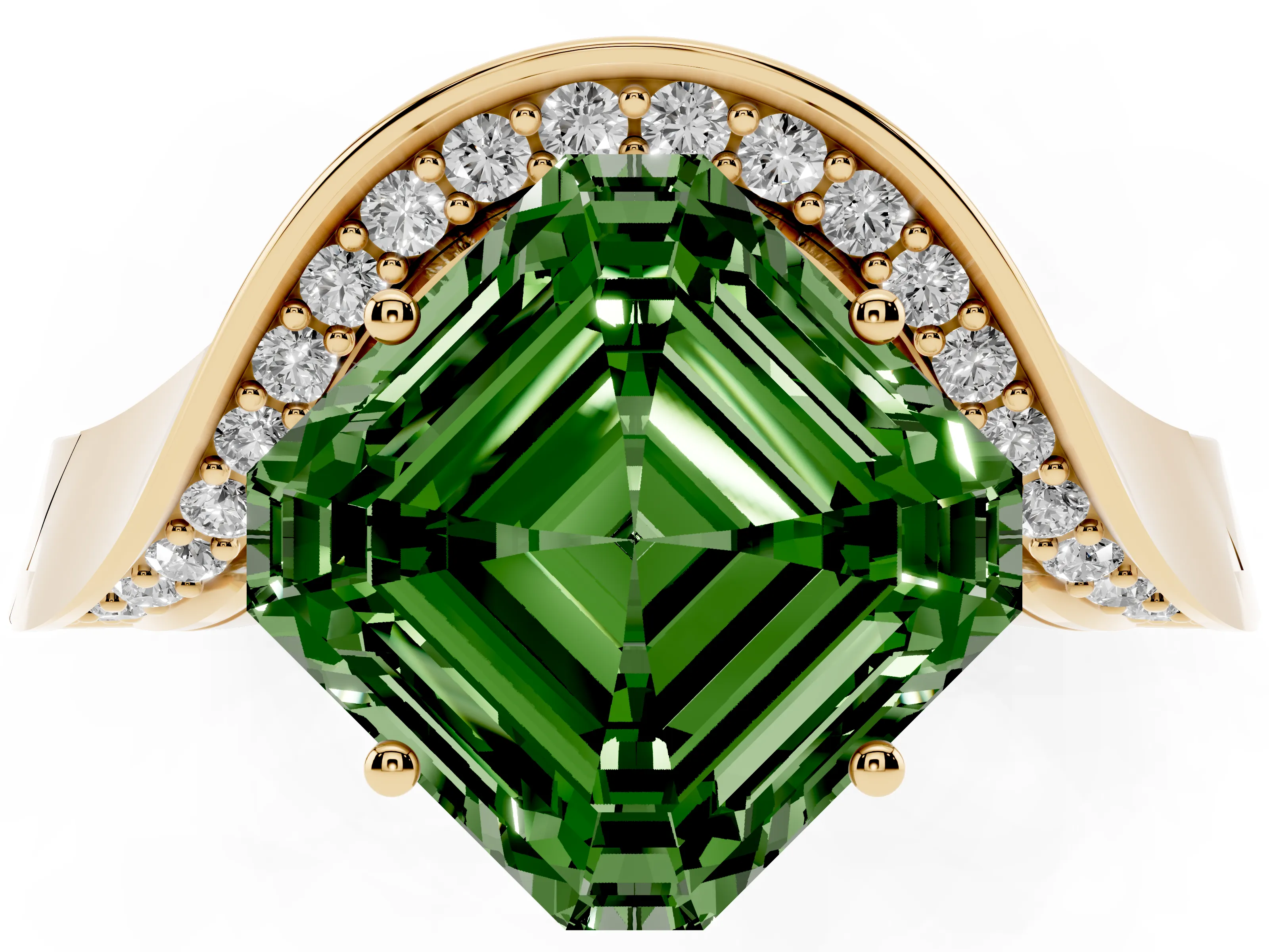 Fancy Green Asscher Cut Diamond Solitaire Engagement Ring Set in Yellow gold with Pavé Shoulders