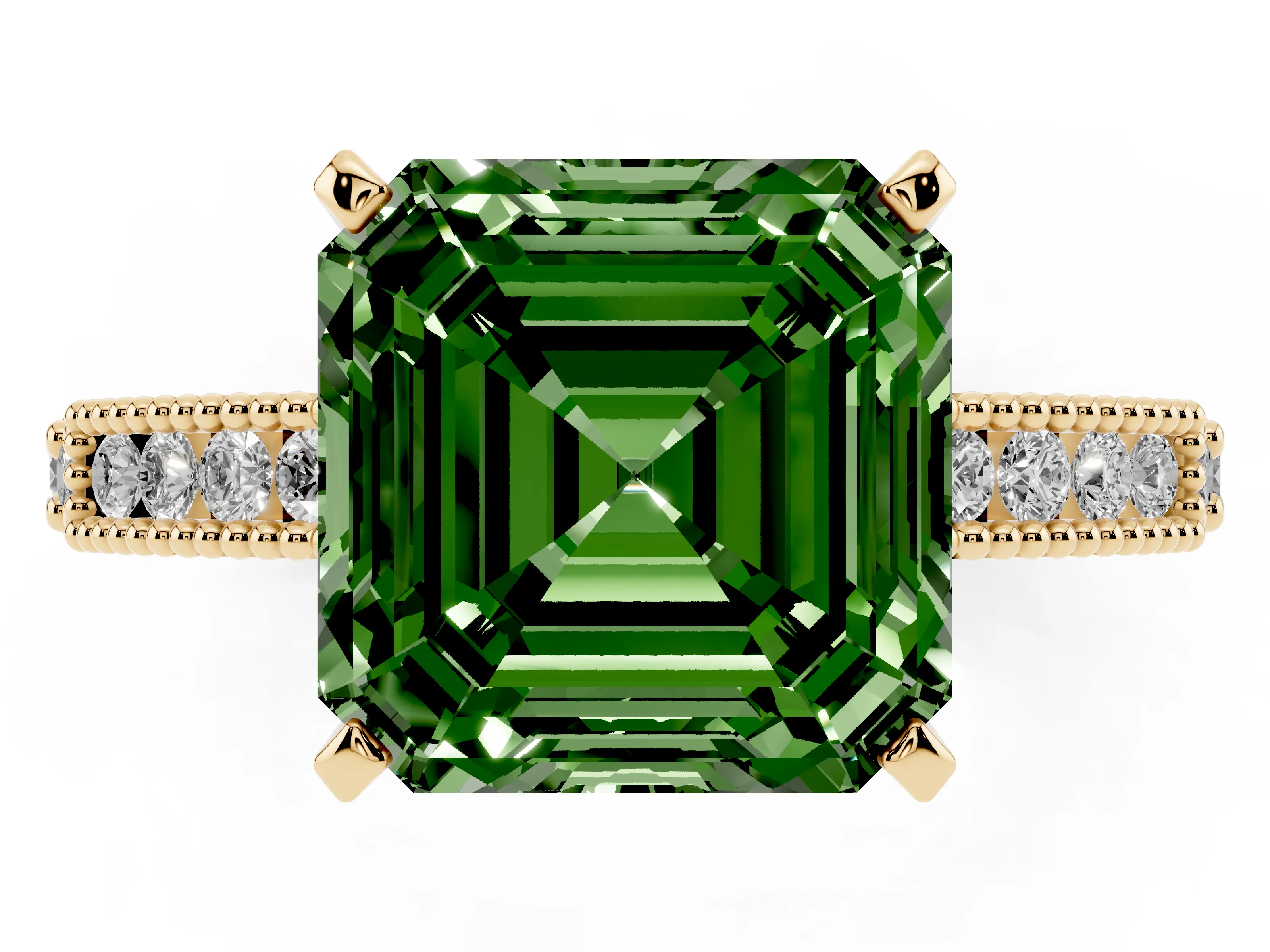 Fancy Green Asscher Cut Diamond Solitaire Ring Set in Yellow gold with Slim Pavé Band and Prong Setting