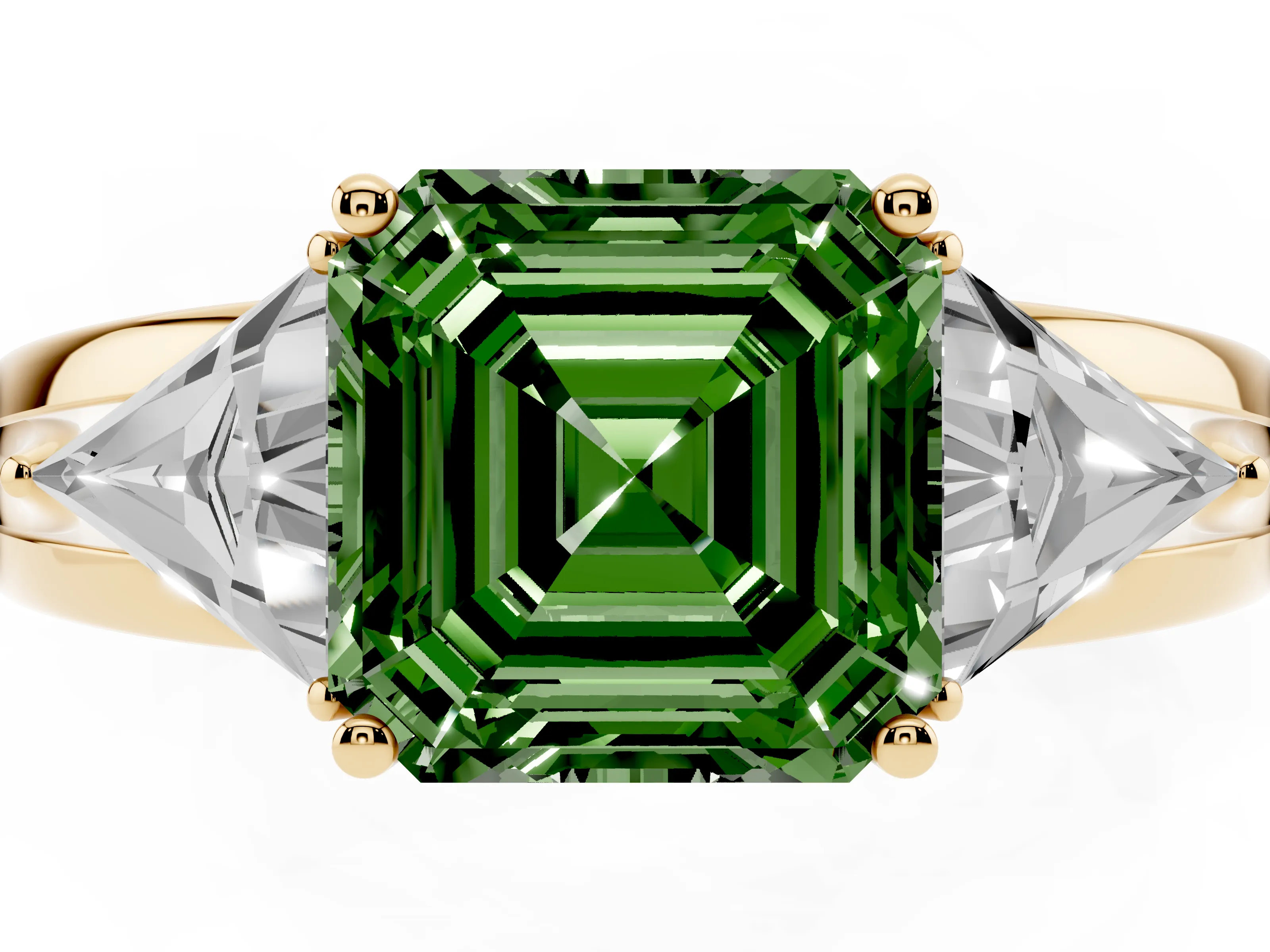 Fancy Green Asscher Cut Diamond Three-Stone Ring Set in Yellow gold with Trillion Side Stones and Split Shank