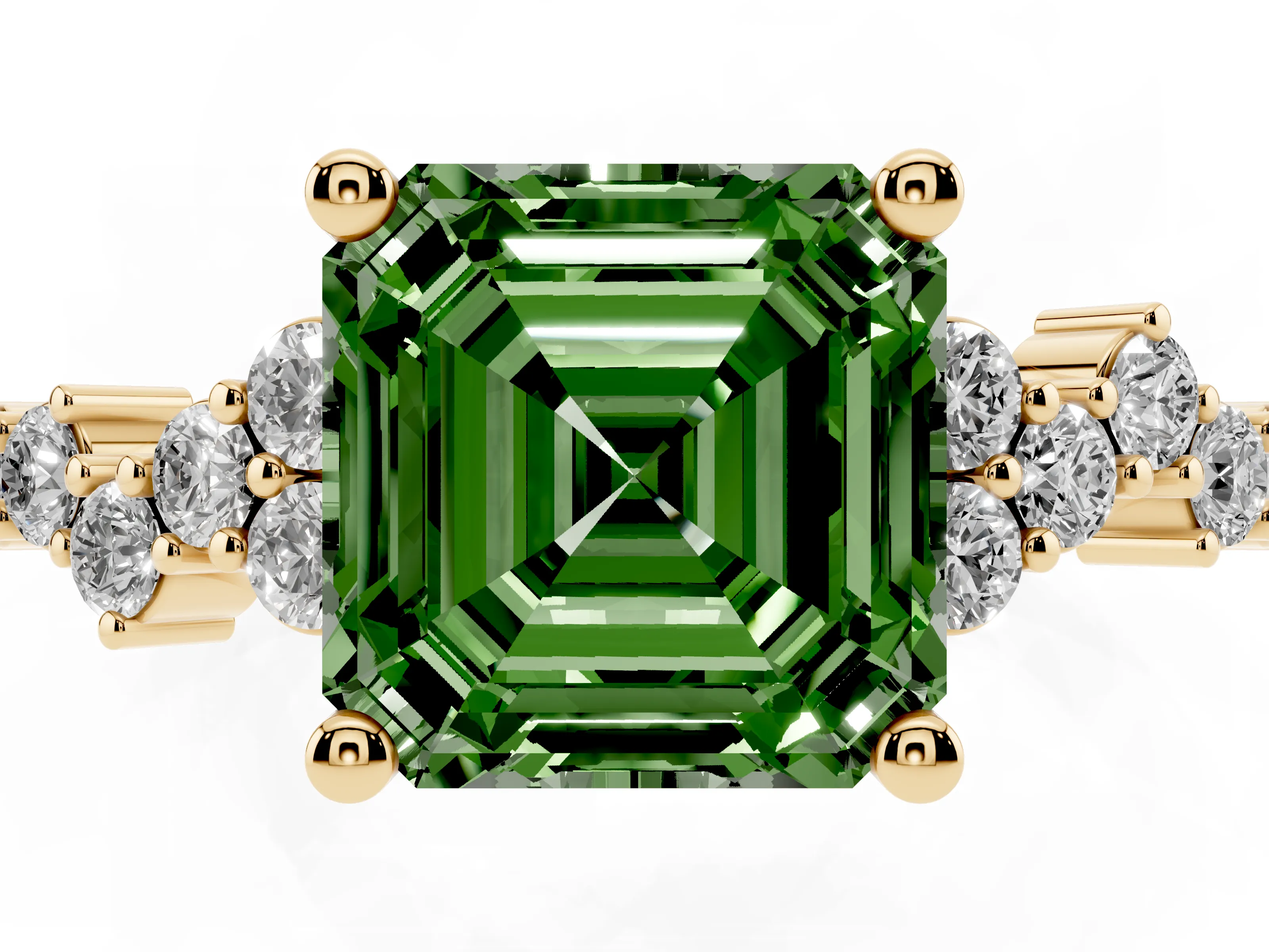 Fancy Green Asscher Cut Diamond Ring Set in Yellow gold with Scattered Round Accents