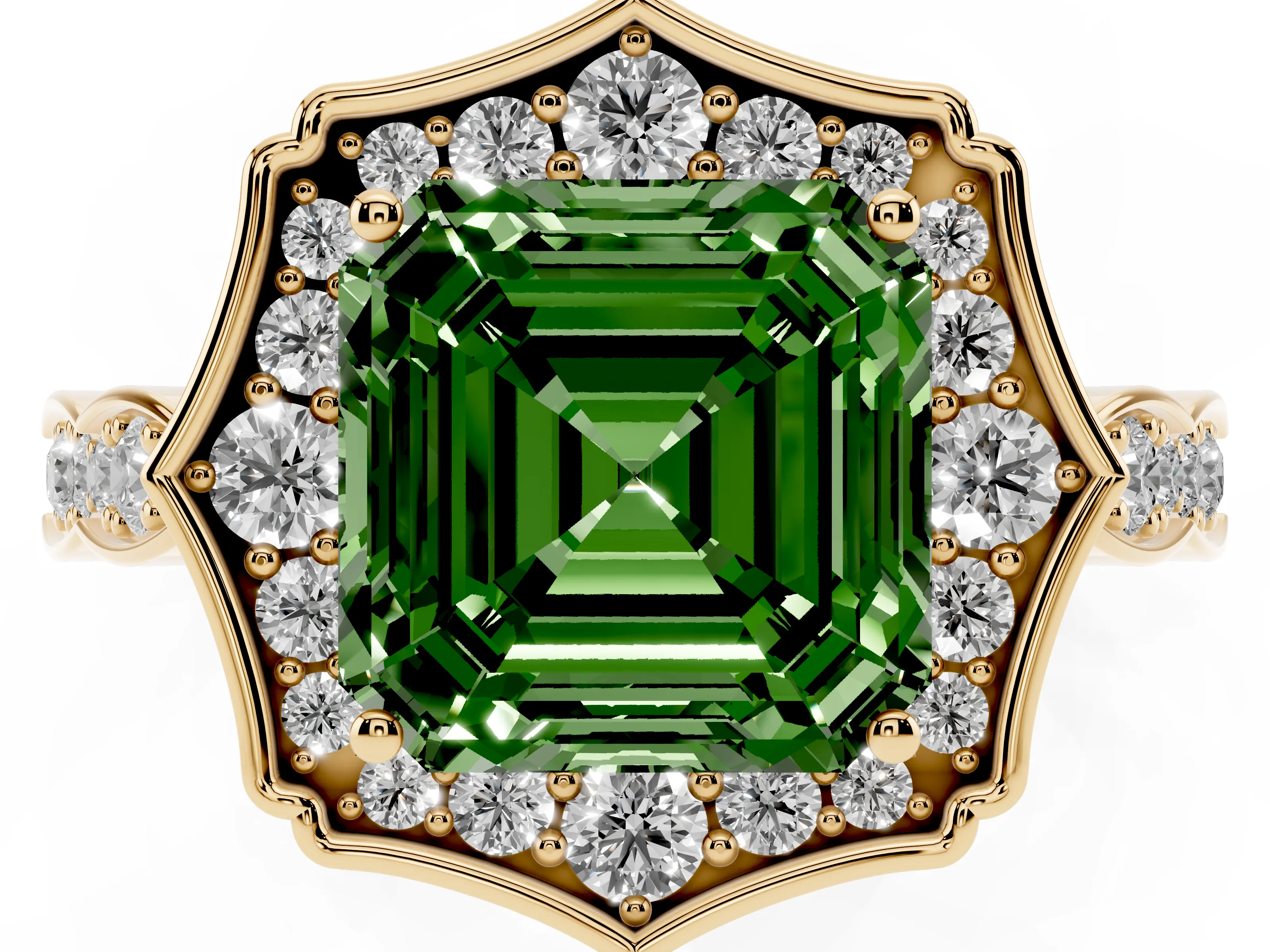 Fancy Green Asscher Cut Diamond Halo Engagement Ring Set in Yellow gold with Milgrain Band and Prong Setting