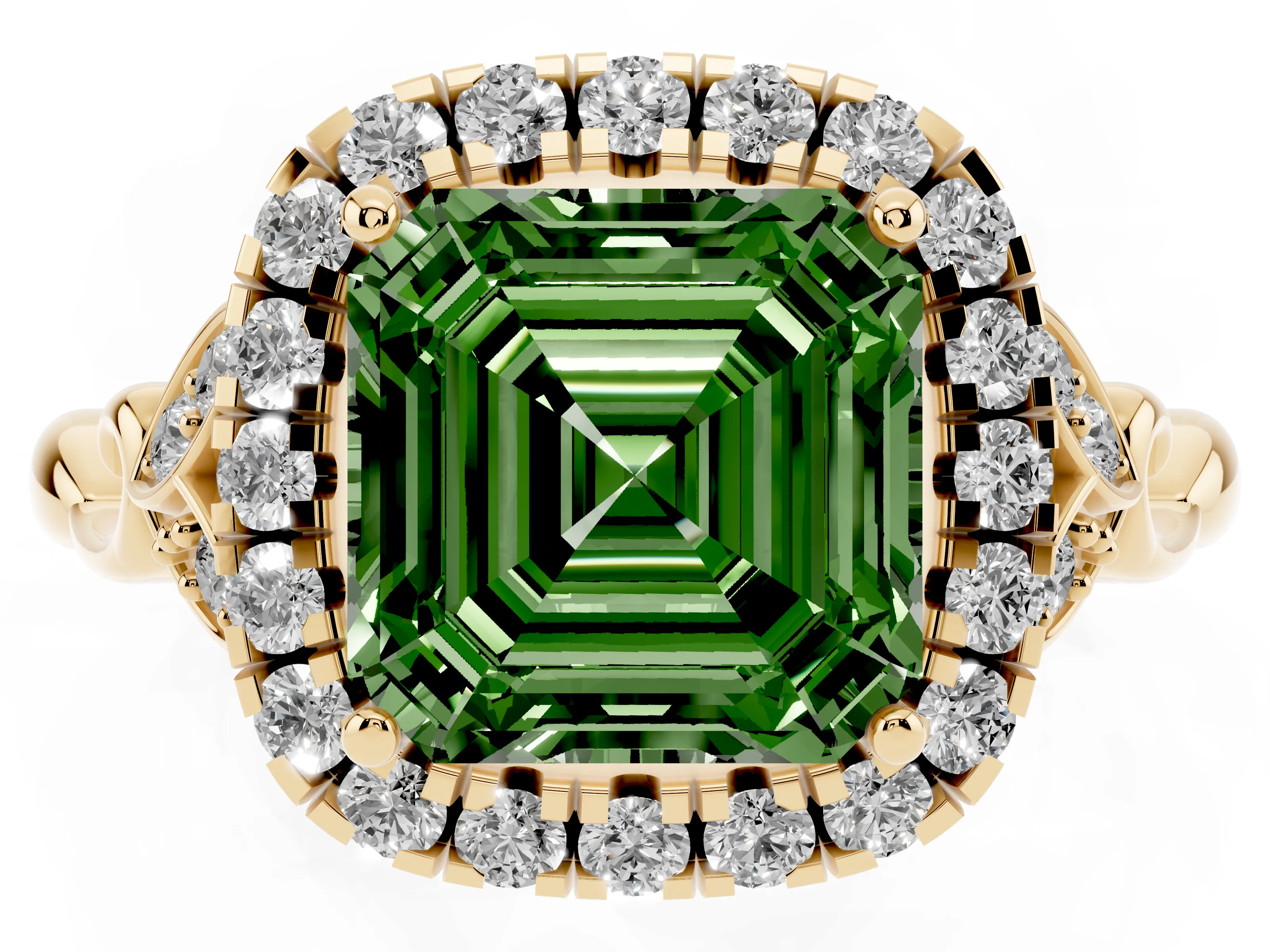 Fancy Green Asscher Cut Diamond Halo Engagement Ring Set in Yellow gold with Vintage-Inspired Band and Prong Setting