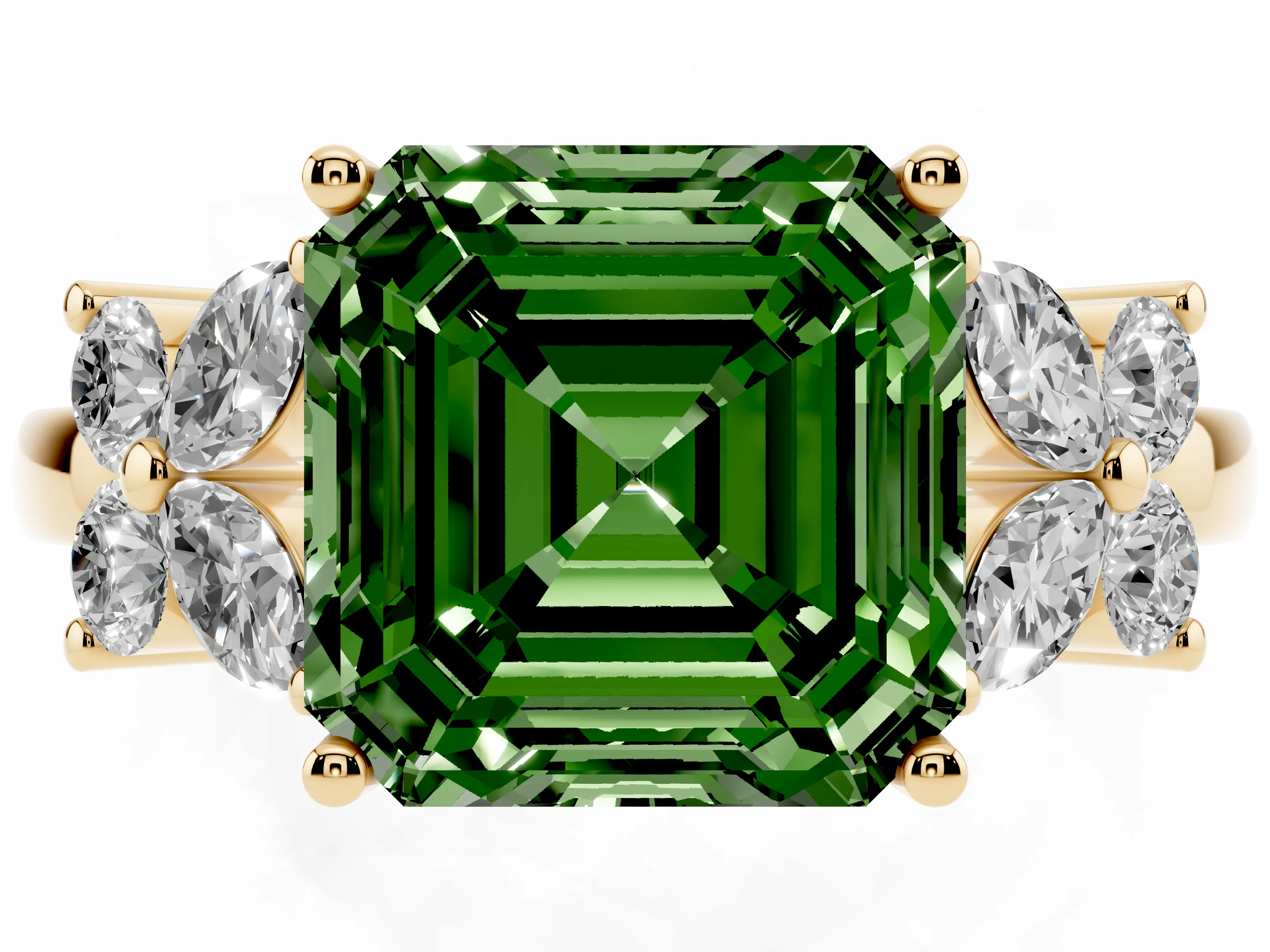 Fancy Green Asscher Cut Diamond Floral Cluster Ring Set in Yellow gold with Marquise Petals and Prong Setting