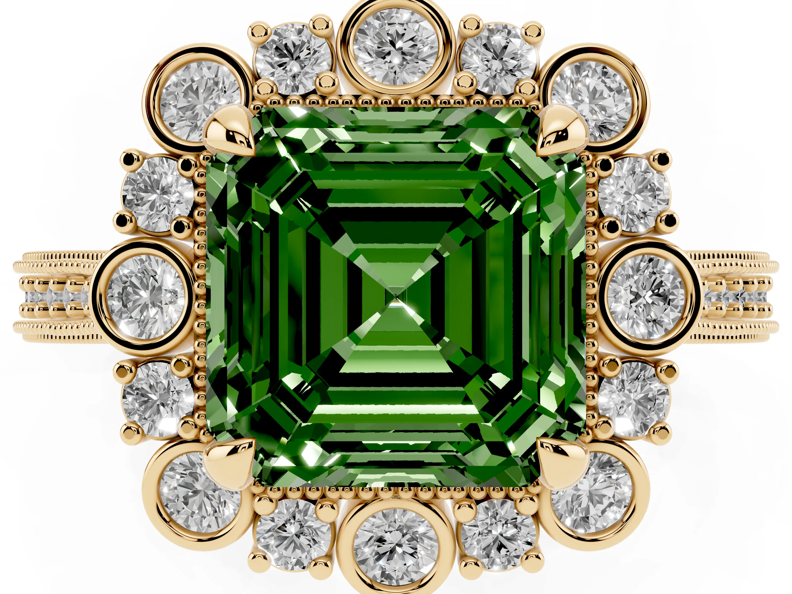 Fancy Green Asscher Cut Diamond Halo Milgrain Pavé Ring Set in Yellow gold with Prong Setting