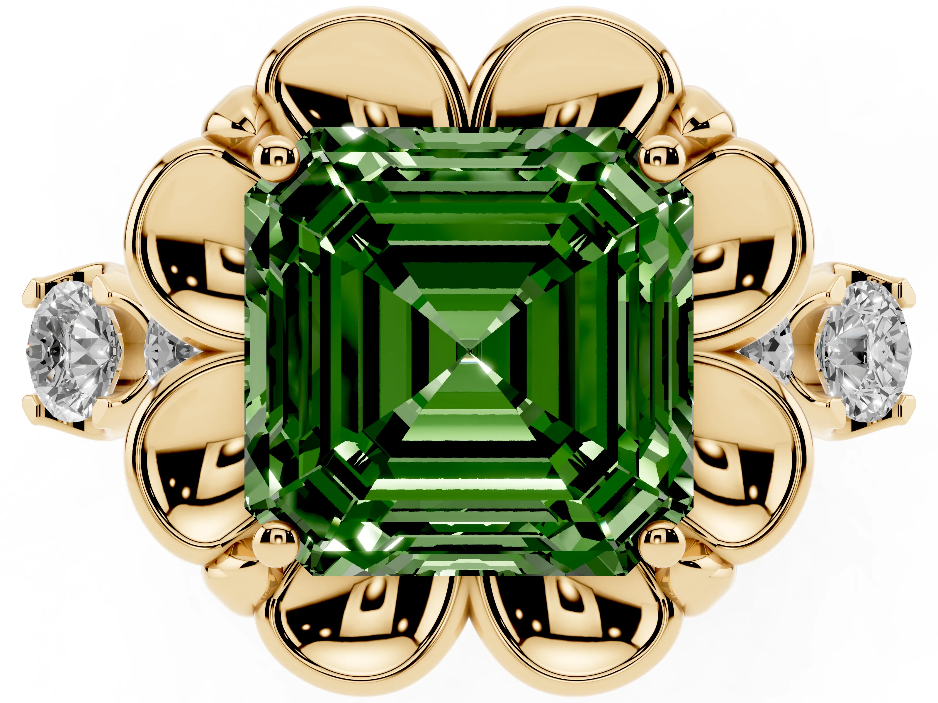 Fancy Green Asscher Cut Diamond Floral Halo Ring Set in Yellow gold with Shared Prong Band
