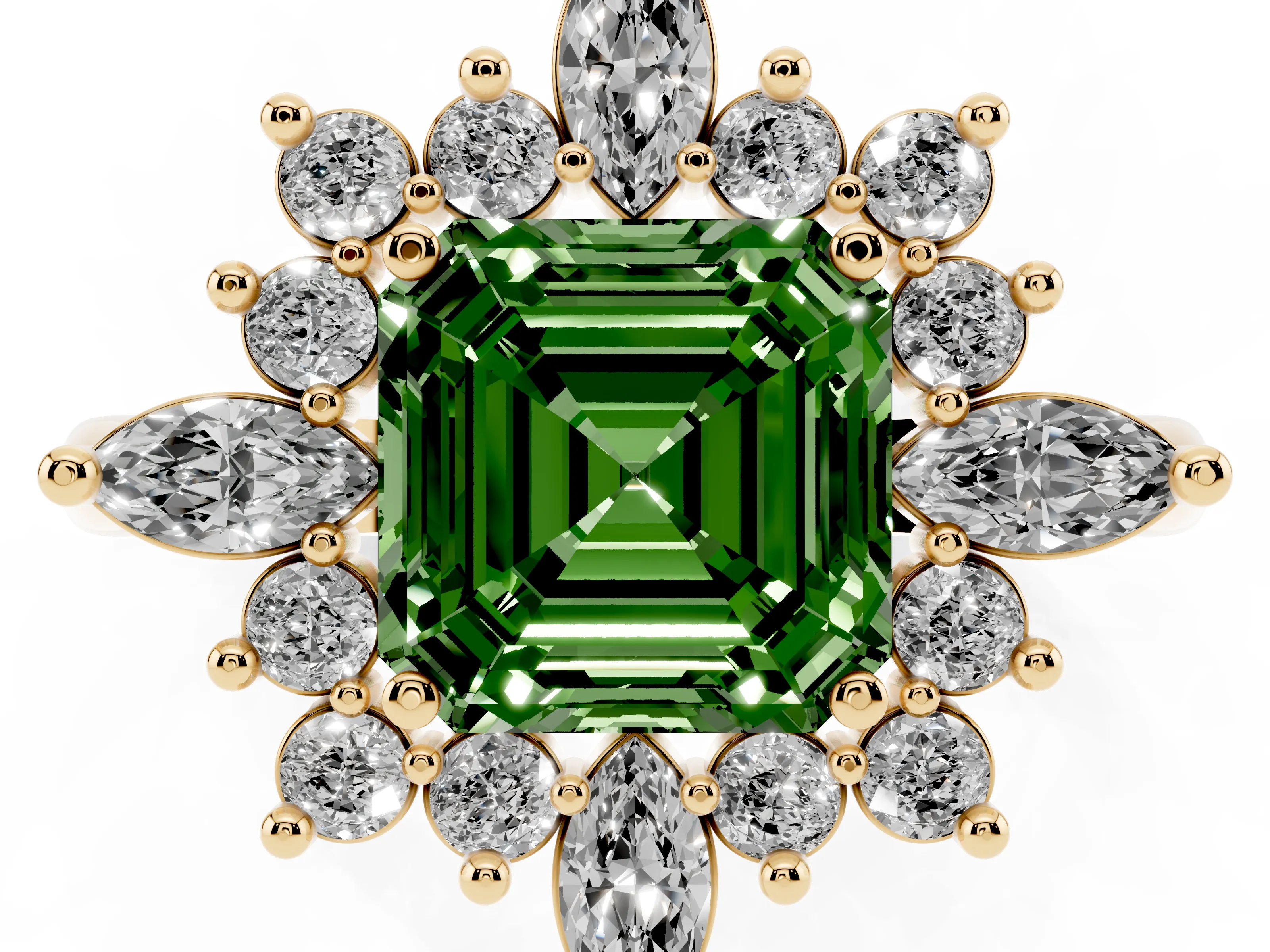 Fancy Green Asscher Cut Diamond Cluster Halo Ring Set in Yellow gold with Marquise and Round Accents