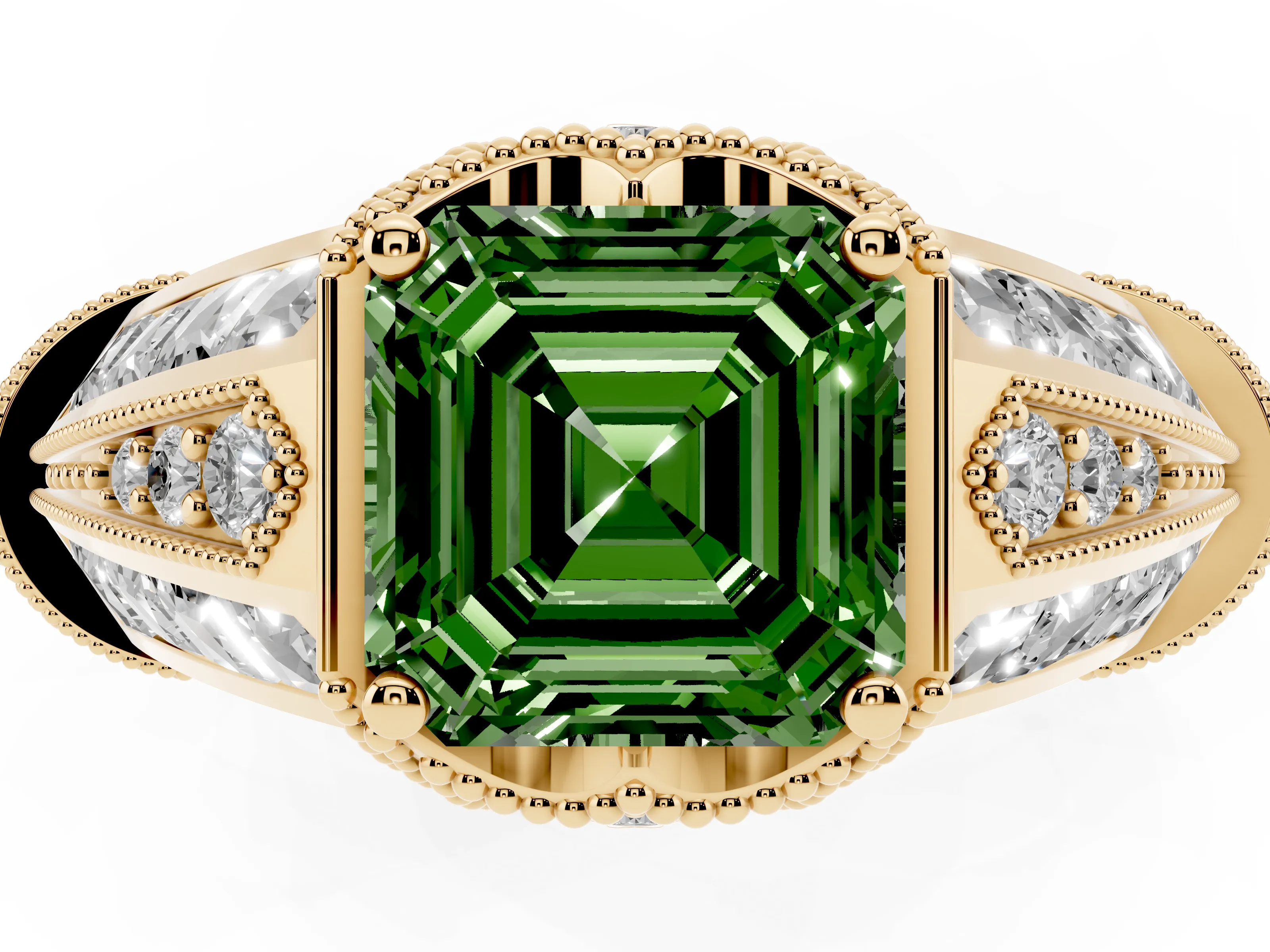 Fancy Green Asscher Cut Diamond Vintage-Inspired Milgrain Ring Set in Yellow gold with Accent Split Shank