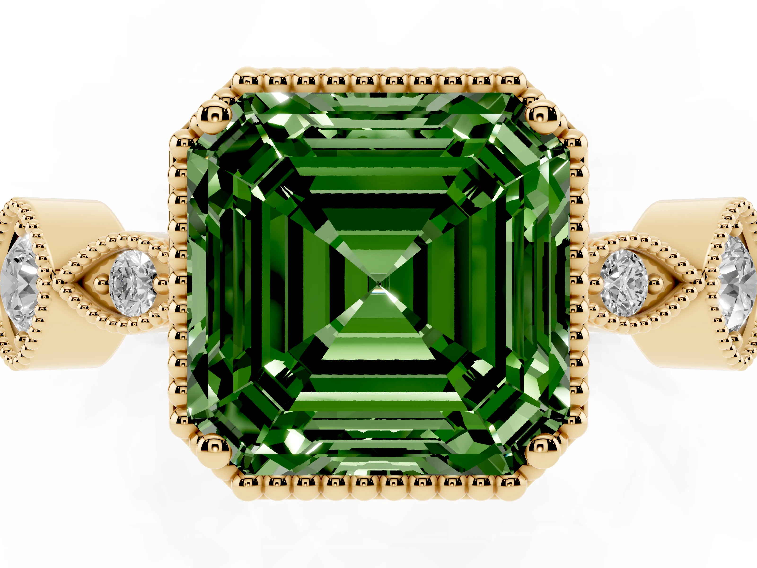 Fancy Green Asscher Cut Diamond Vintage-Inspired Milgrain Ring Set in Yellow gold with Marquise Stations of Round Accents
