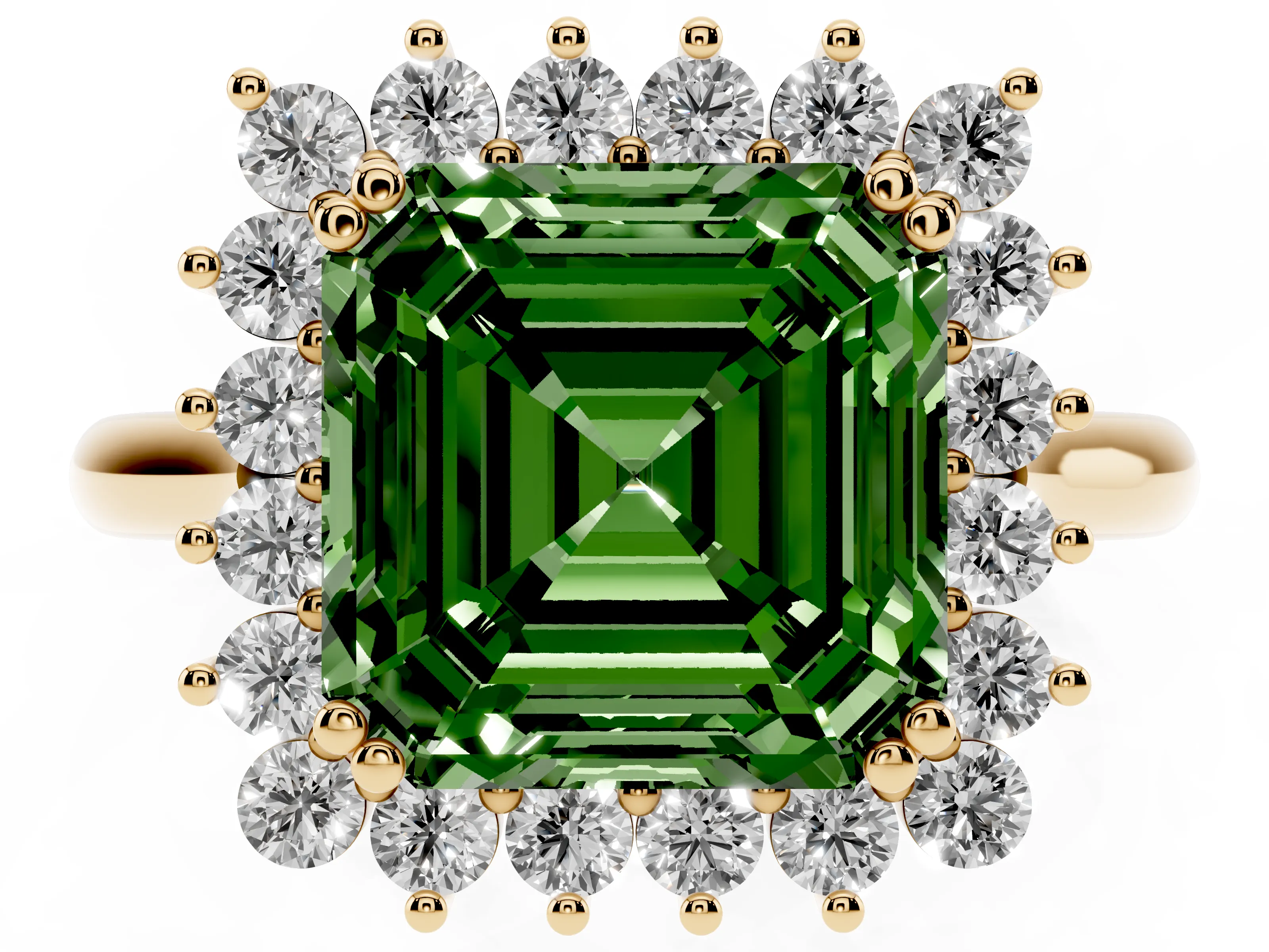 Fancy Green Asscher Cut Diamond Halo Ring Set in Yellow gold with Plain Solitaire Band and Prong Setting