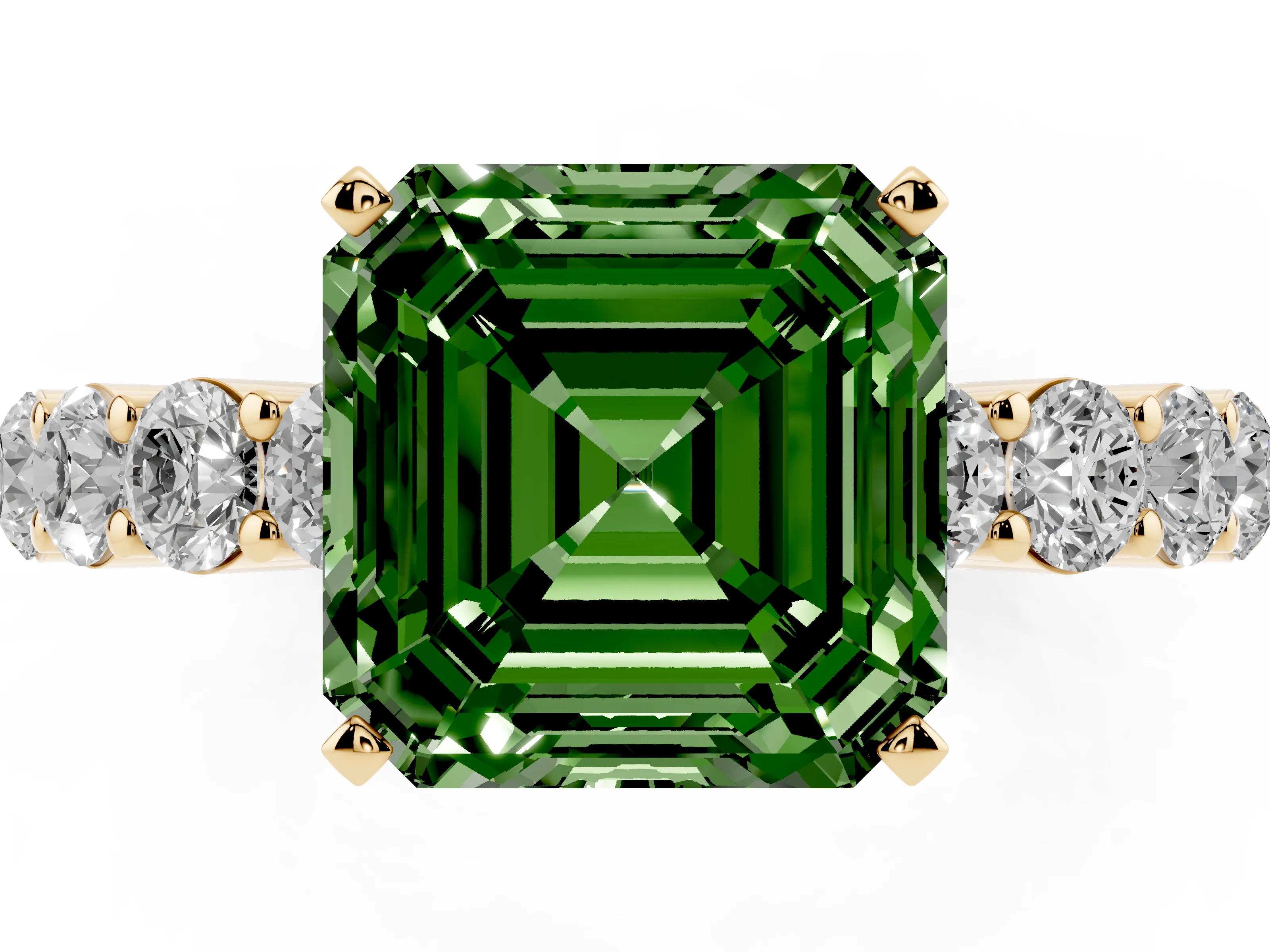 Fancy Green Asscher Cut Diamond Solitaire Ring Set in Yellow gold with Shared Prong Round Side Stones