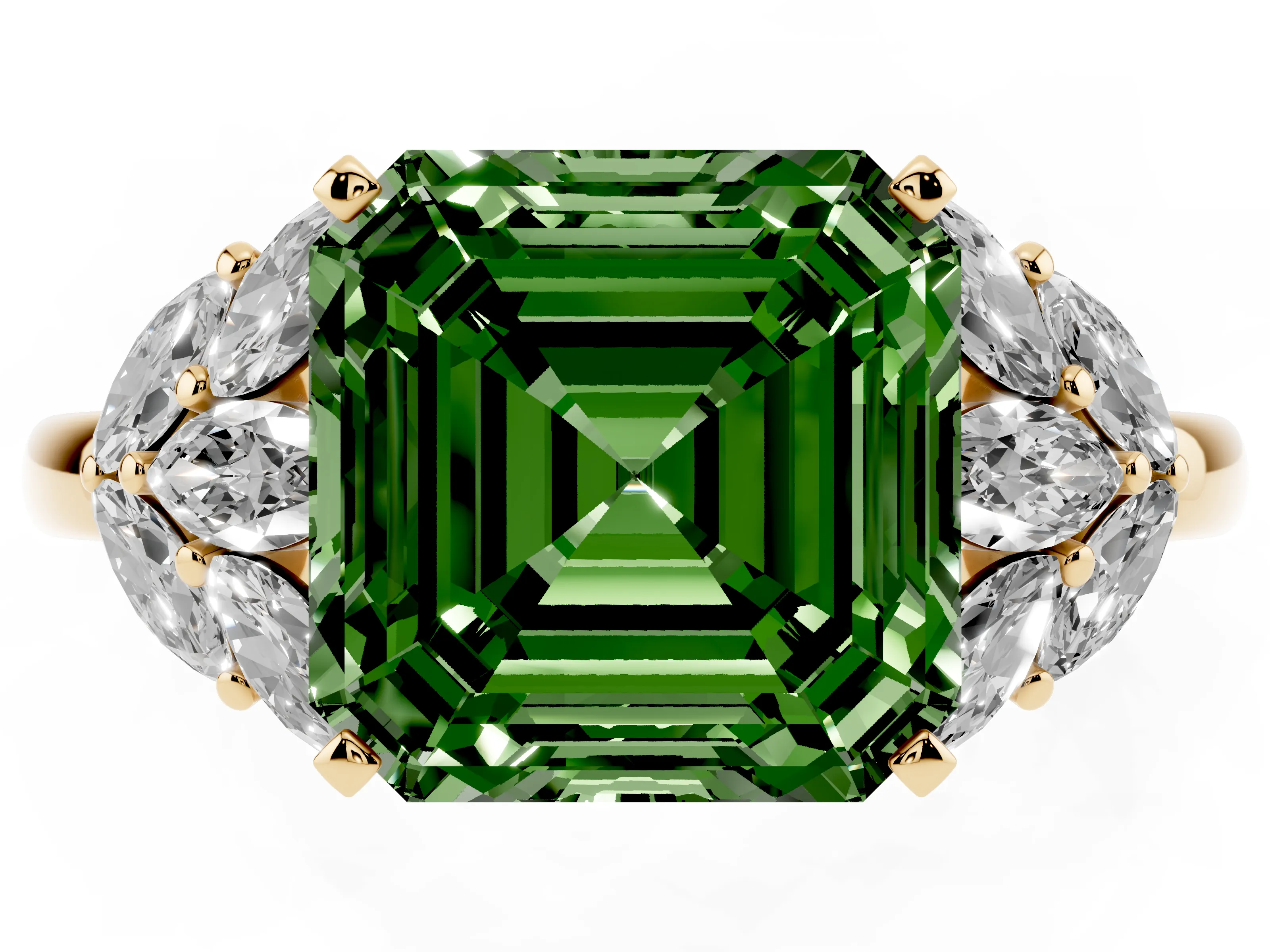 Fancy Green Asscher Cut Diamond Cluster Leaf Design Ring Set in Yellow gold with Prong Setting