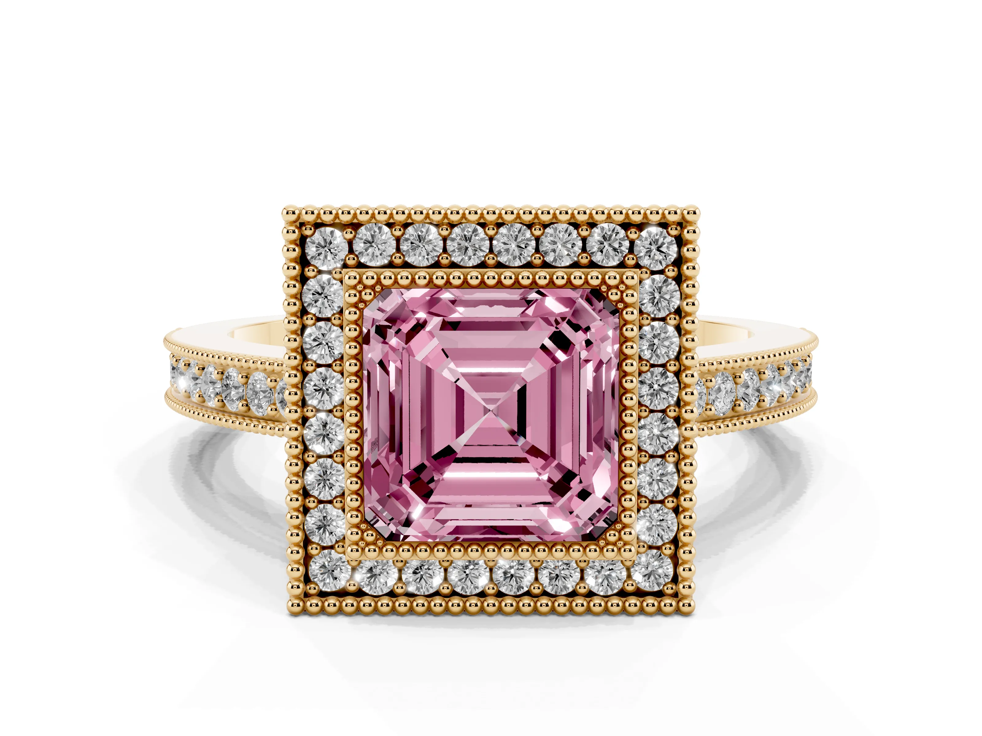 Fancy Pink Asscher Cut Diamond Round Halo Ring Set in Yellow gold with Pavé Band