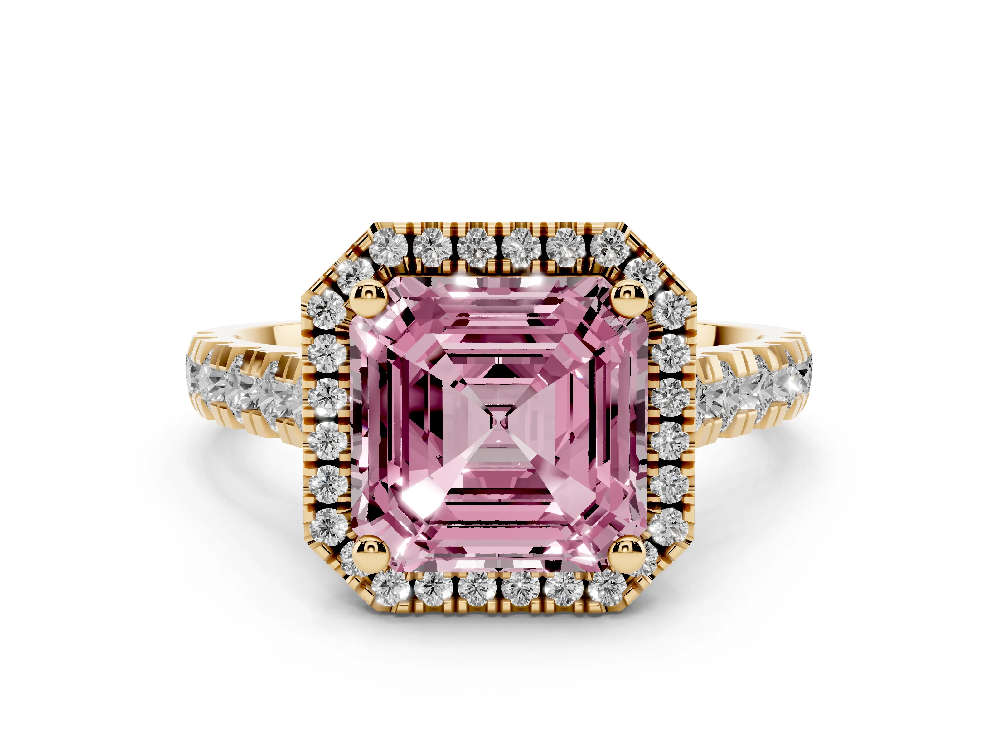 Fancy Pink Asscher Cut Diamond Halo Engagement Ring Set in Yellow gold with Pavé Band and Prong-Set Center