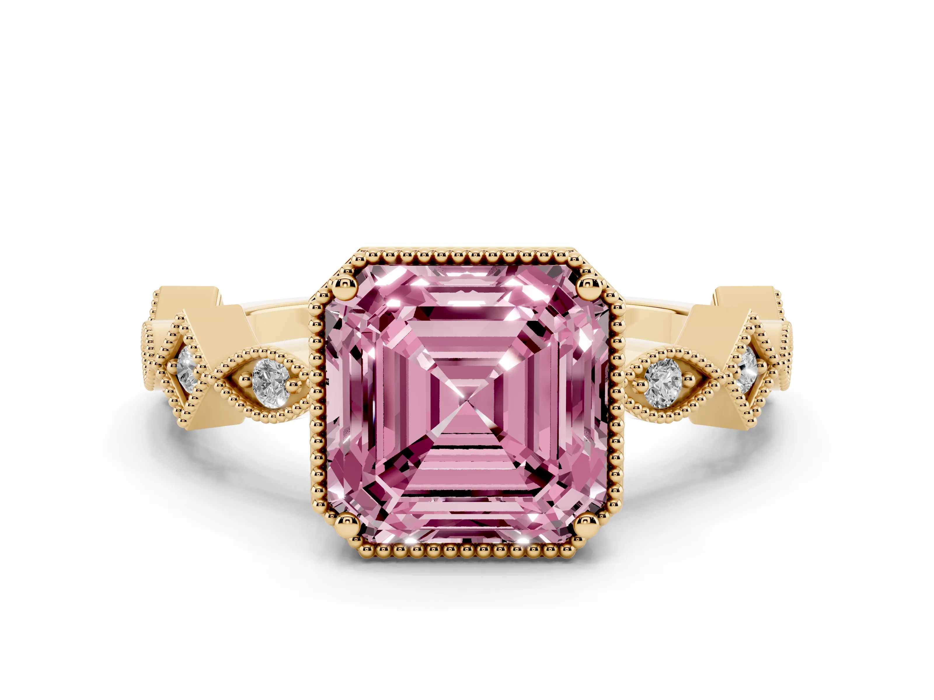 Fancy Pink Asscher Cut Diamond Milgrain Marquise Twist Band Ring Set in Yellow gold with Prong Setting