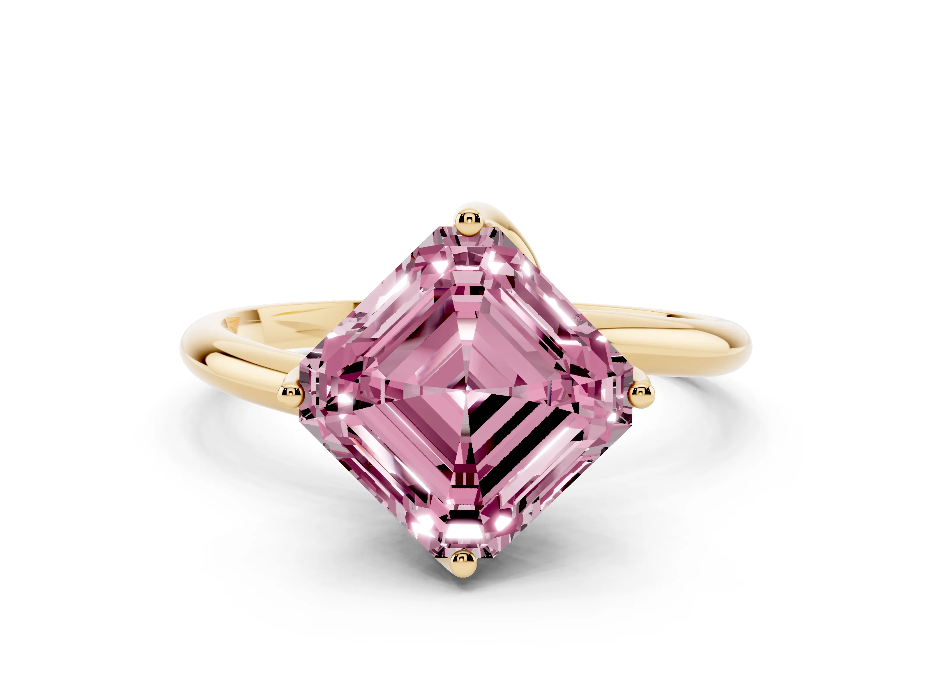 Fancy Pink Asscher Cut Diamond Solitaire Engagement Ring Set in Yellow gold with Classic Plain Band