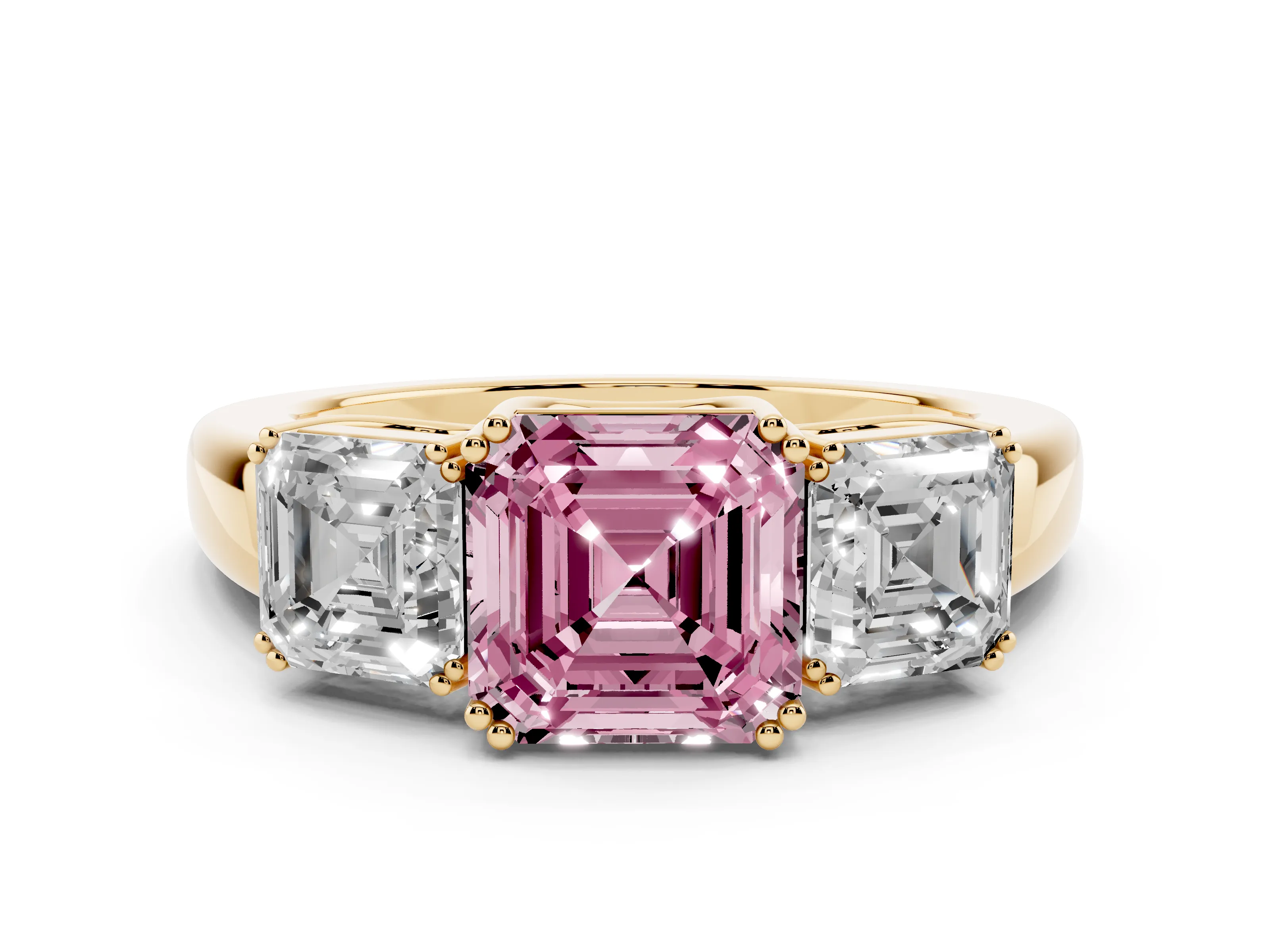 Fancy Pink Asscher Cut Diamond Three-Stone Ring Set in Yellow gold with Polished Band and Prong Setting