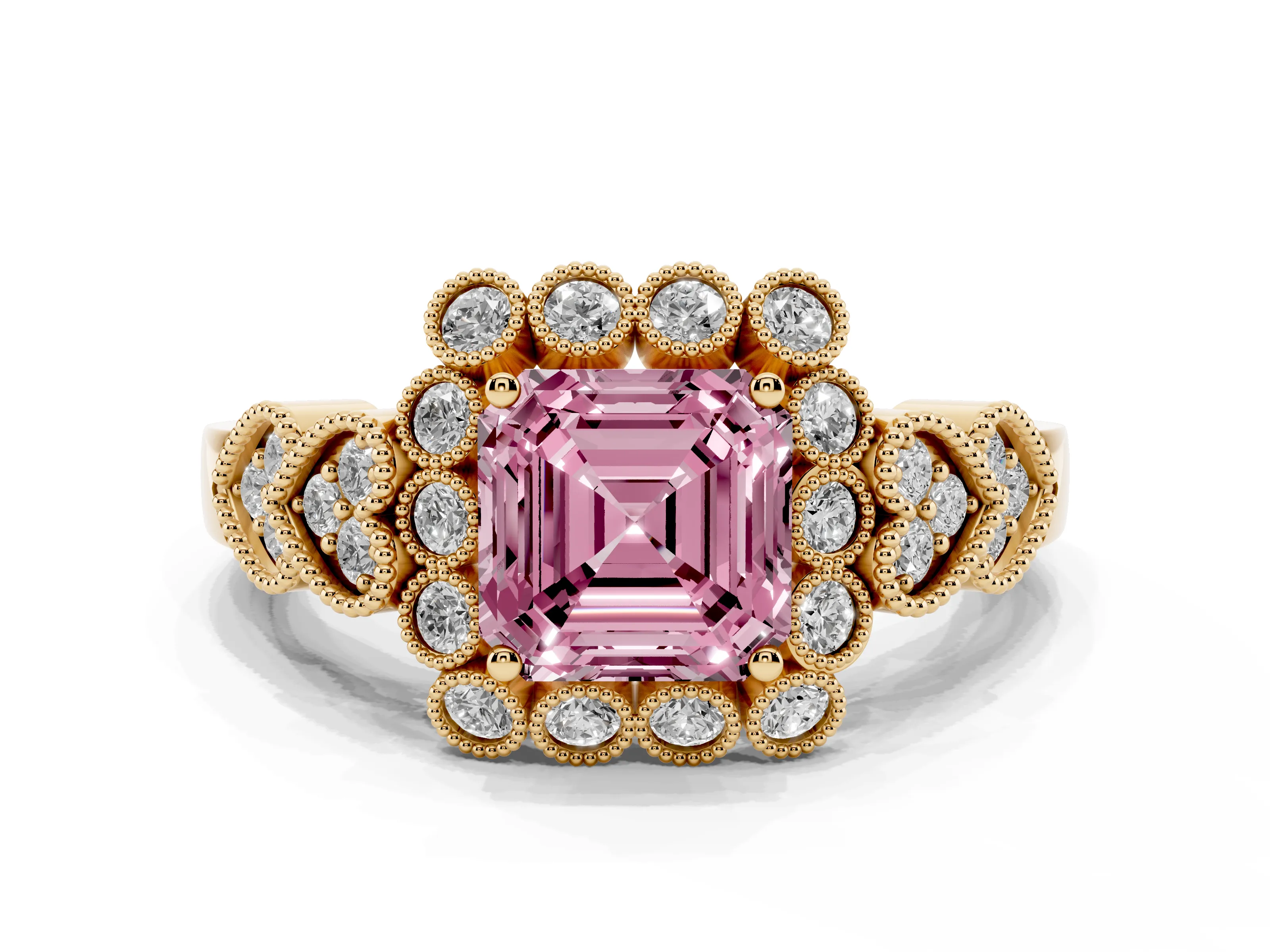 Fancy Pink Asscher Cut Diamond Solitaire Ring Set in Yellow gold with Milgrain Pavé Heart Band
