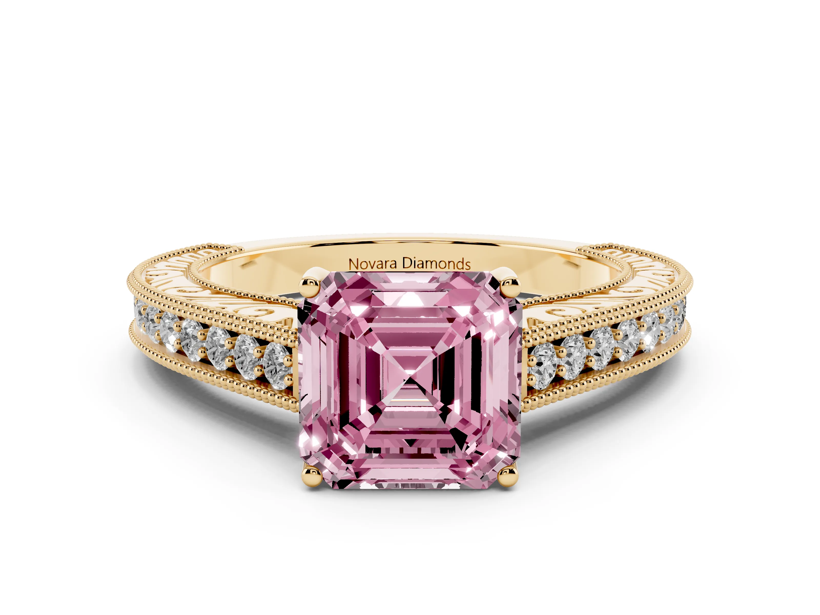 Fancy Pink Asscher Cut Diamond Milgrain Pavé Band Solitaire Ring Set in Yellow gold with Prong Setting