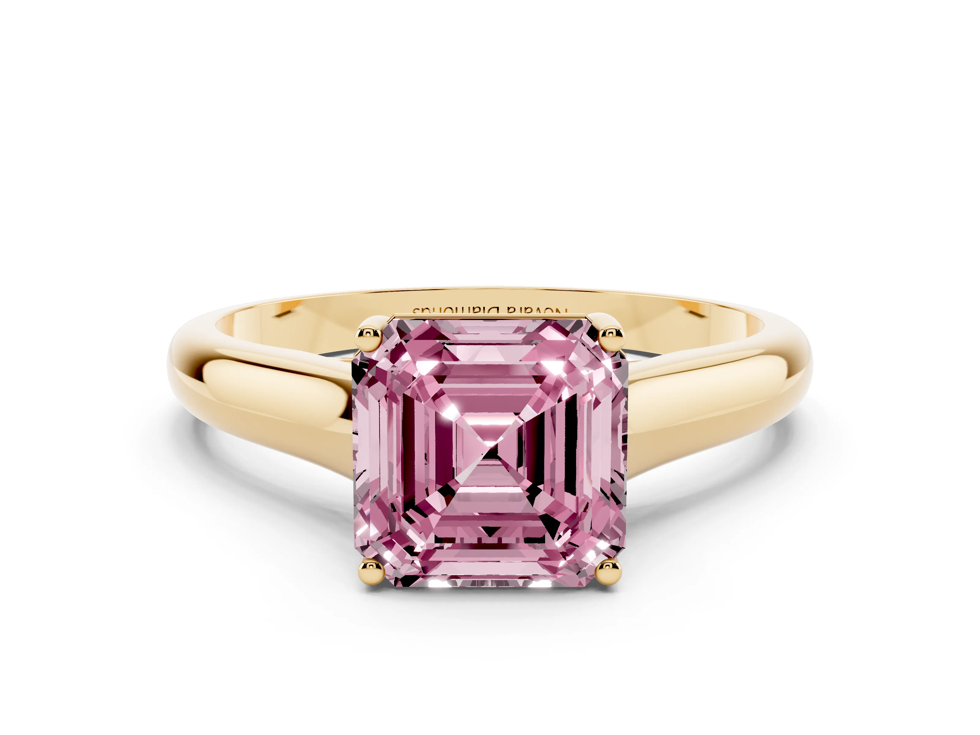 Fancy Pink Asscher Cut Diamond Solitaire Engagement Ring Set in Yellow gold with Subtly Tapered Band and Prong Setting