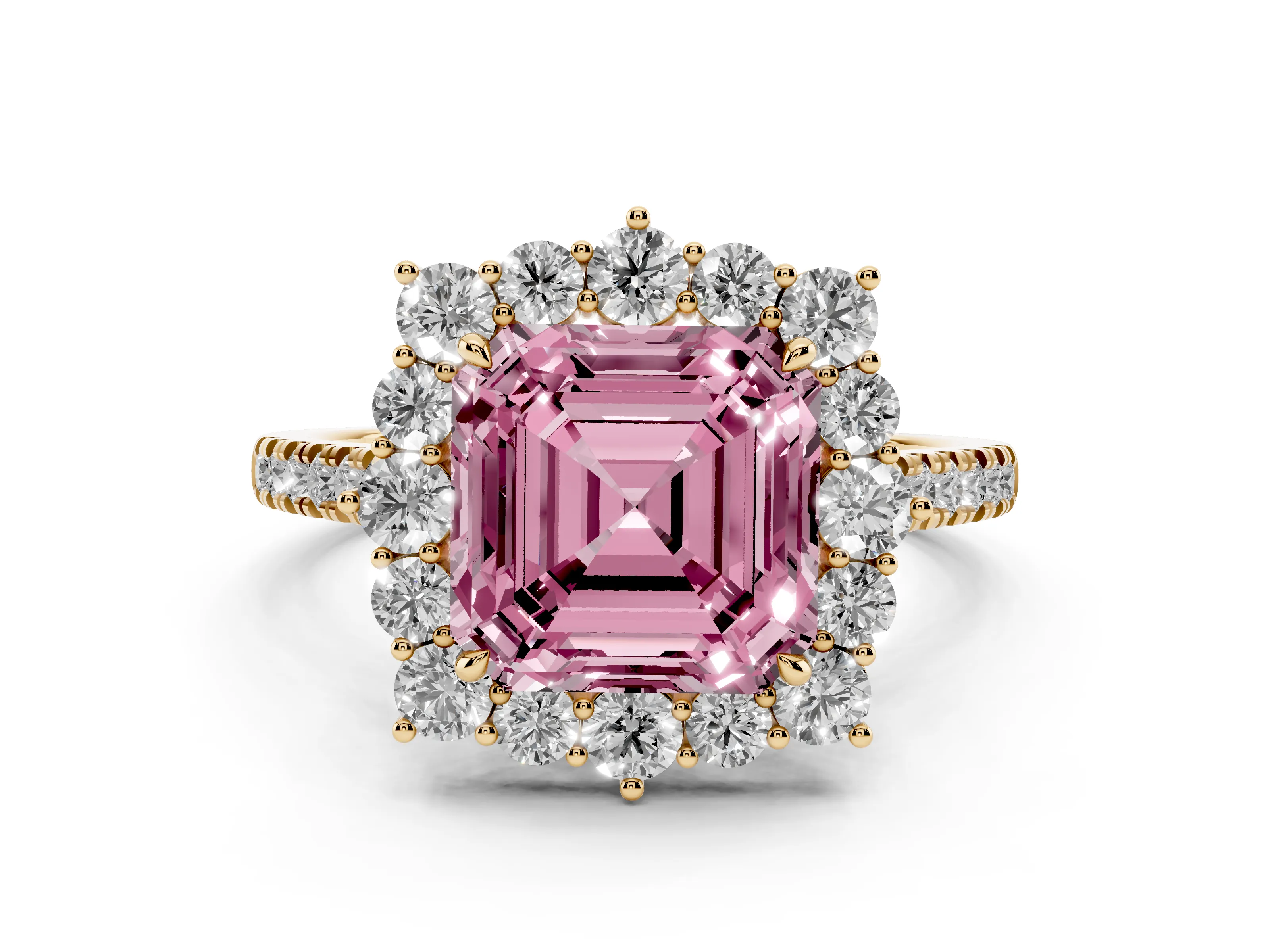 Fancy Pink Asscher Cut Diamond Halo Ring Set in Yellow gold with Pavé Band and Prong Setting