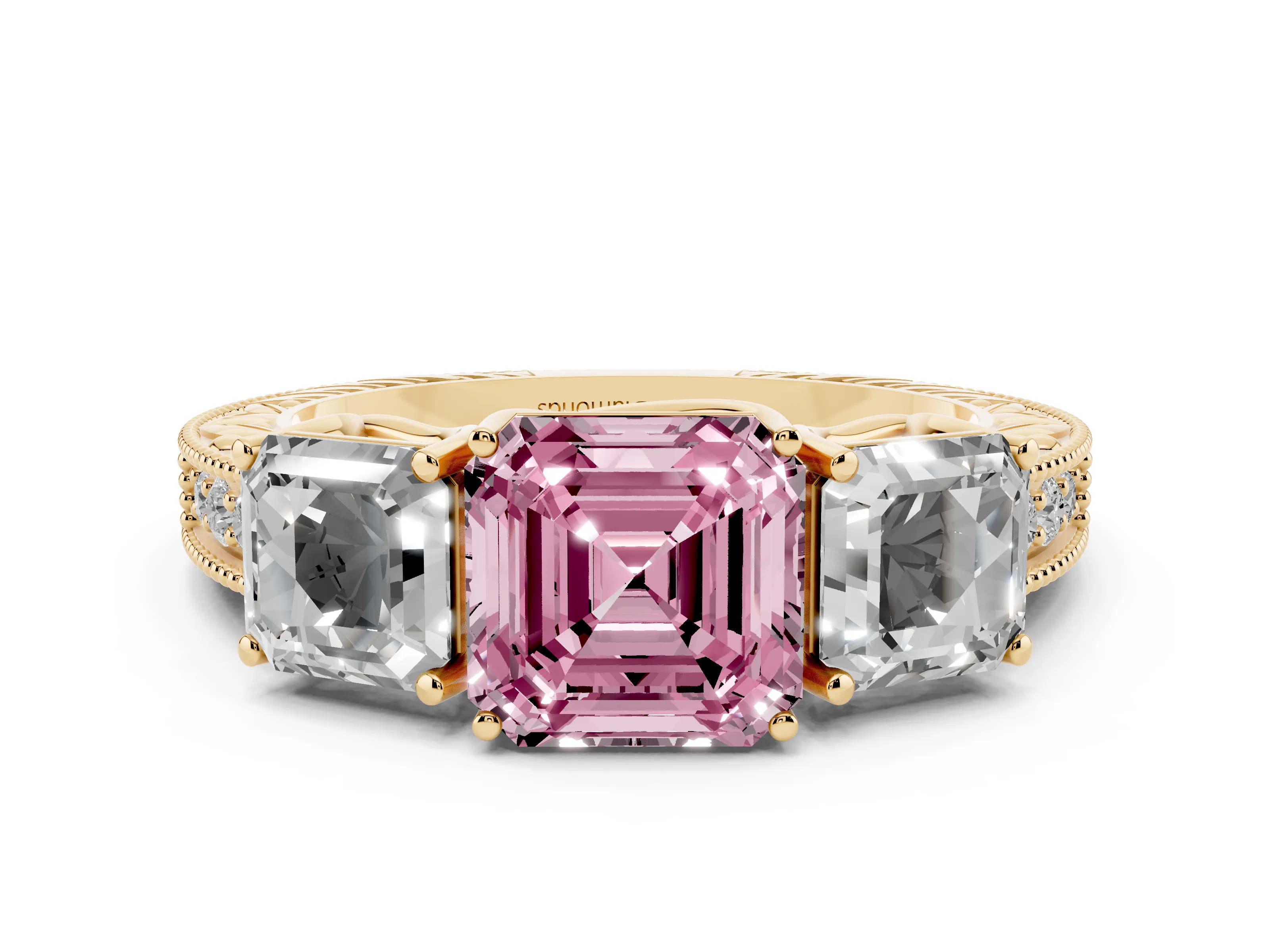 Fancy Pink Asscher Cut Diamond Three-Stone Engagement Ring Set in Yellow gold with Milgrain Pavé Band