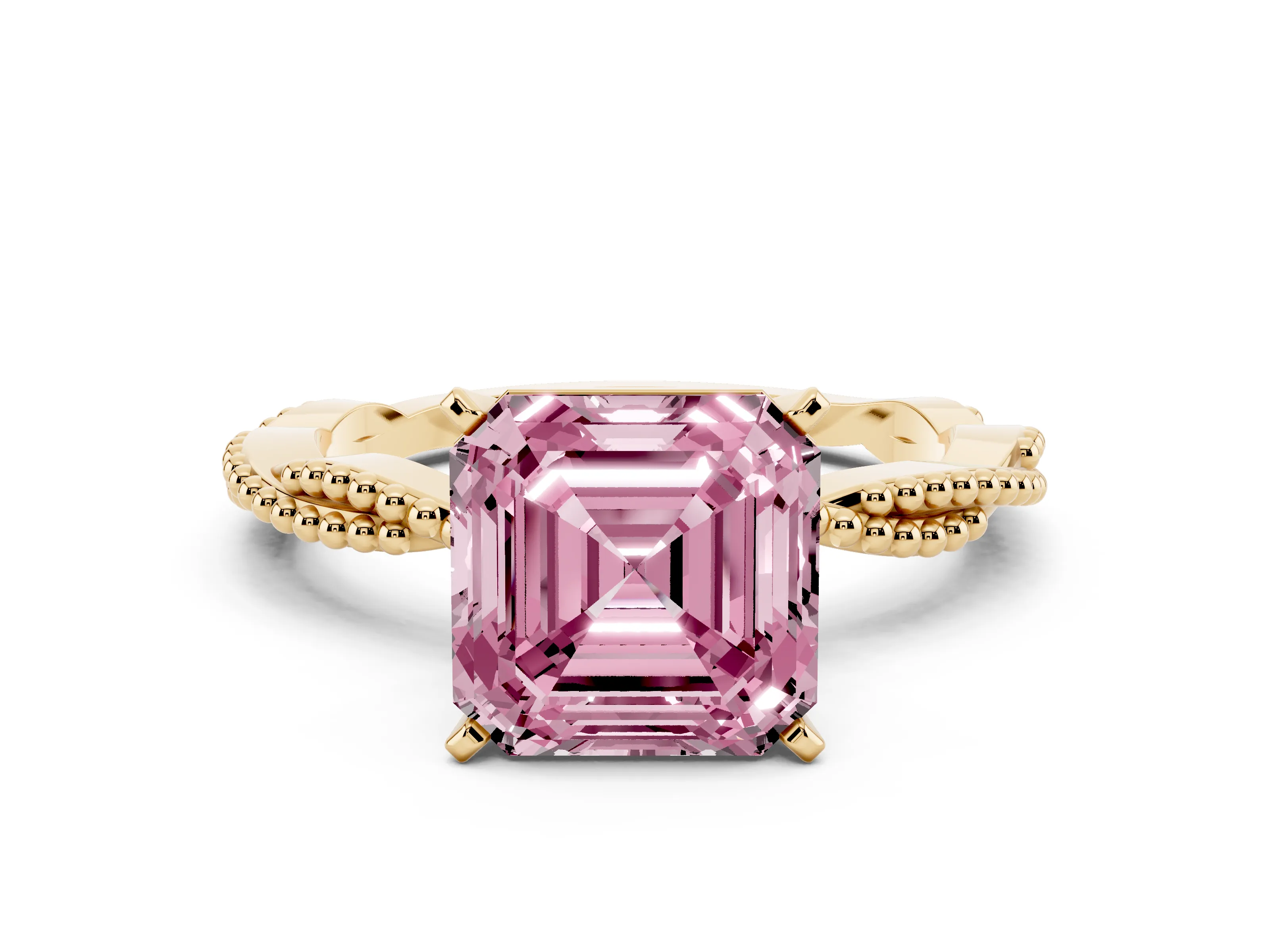 Fancy Pink Asscher Cut Diamond Solitaire Ring Set in Yellow gold with Twisted Band and Bead Prong Setting