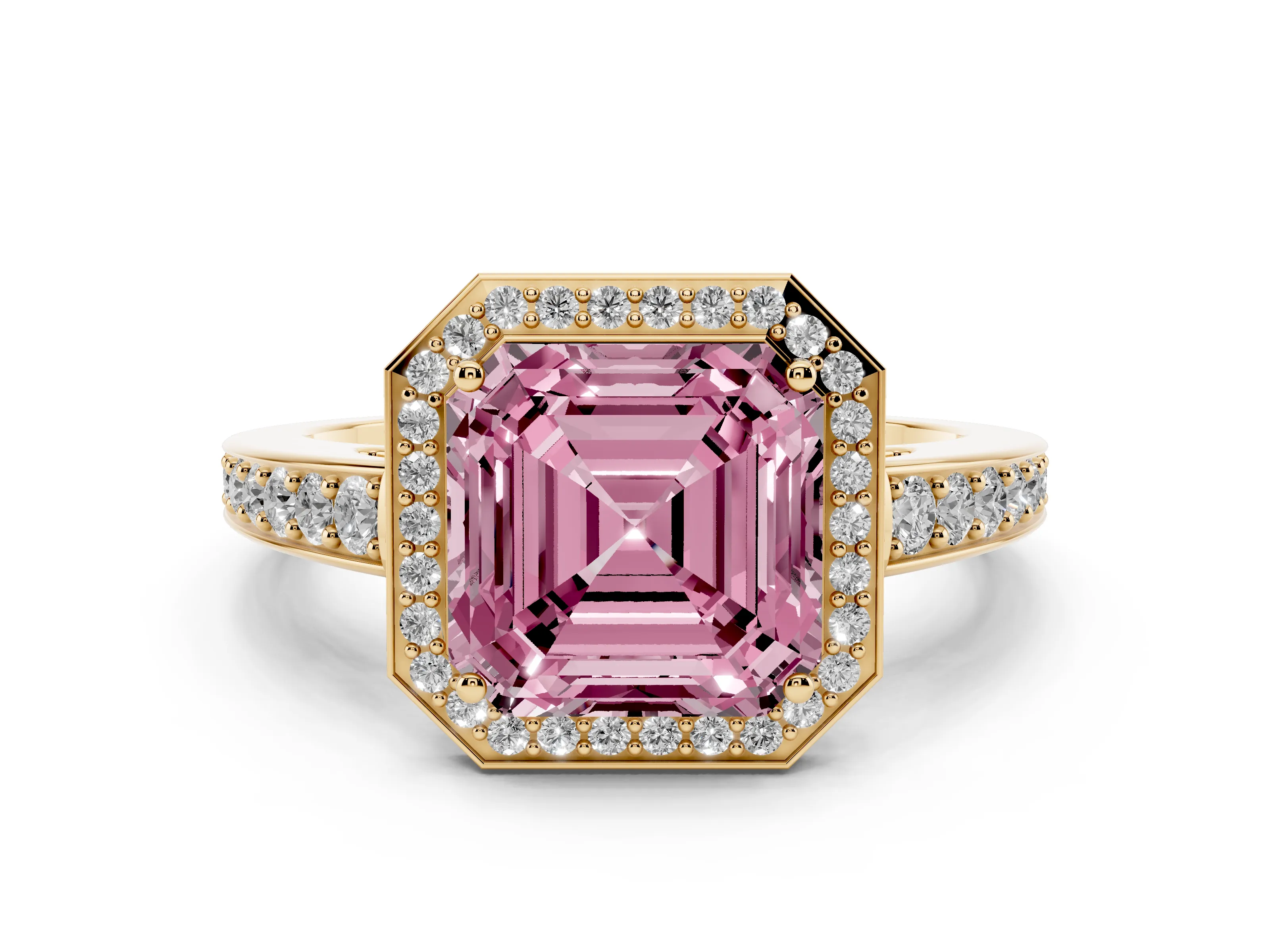 Fancy Pink Asscher Cut Diamond Halo Pavé Engagement Ring Set in Yellow gold with Bezel Setting
