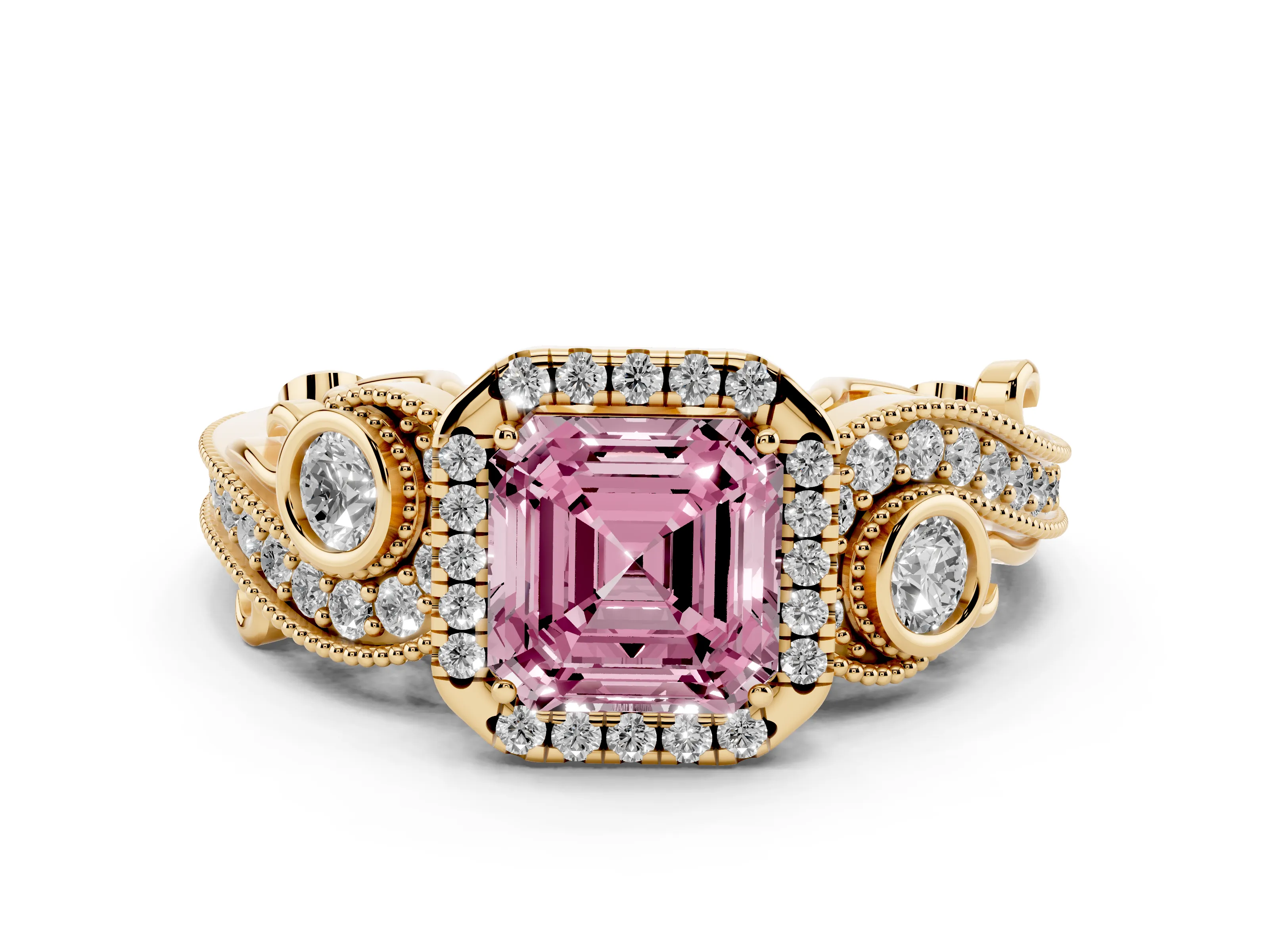 Asscher Cut Halo Engagement Ring Setting for a Fancy Pink Lab-Grown Diamond | Yellow Gold - Design NV-24754