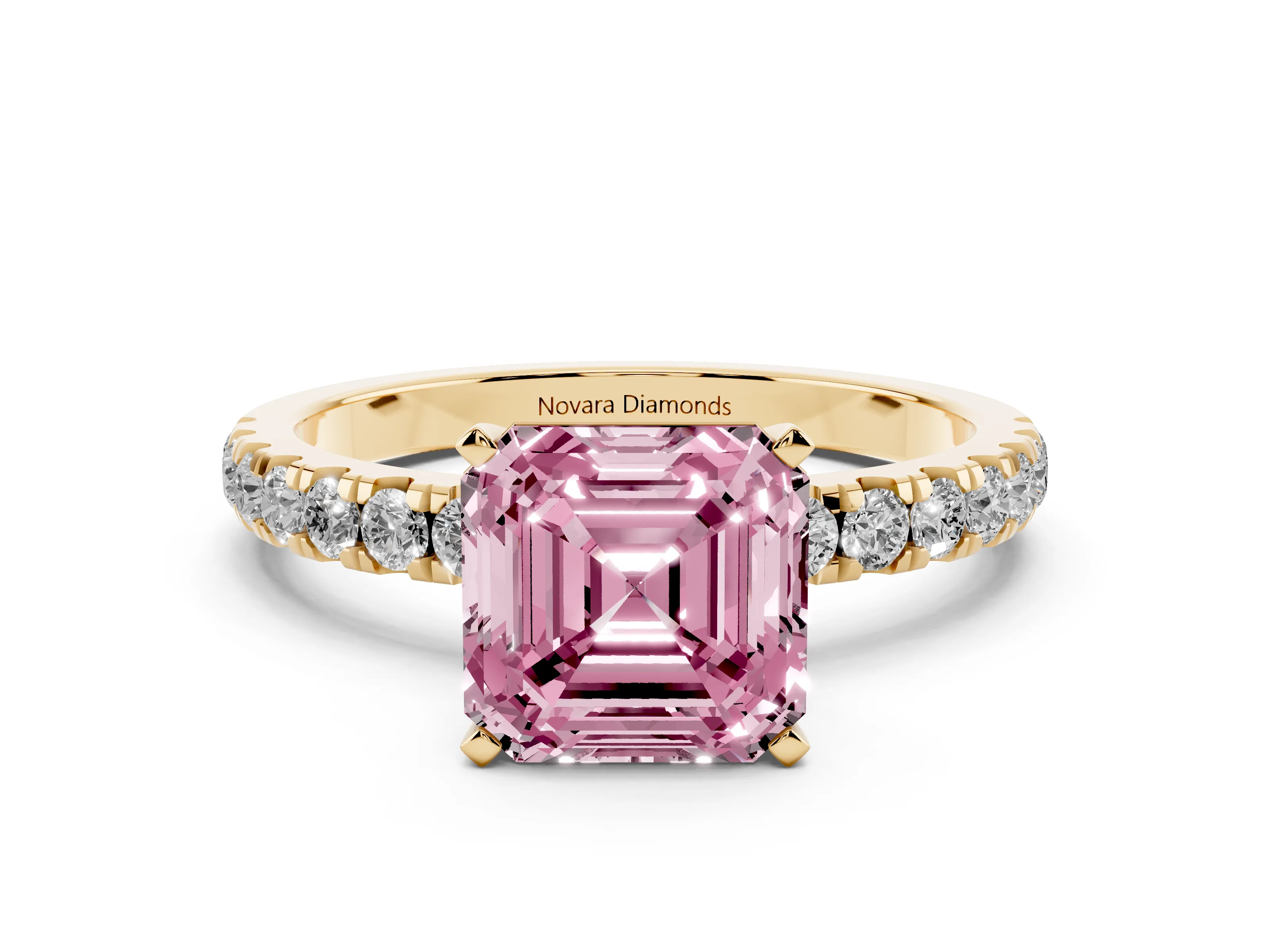 Fancy Pink Asscher Cut Diamond Solitaire Ring Set in Yellow gold with Pavé Accents and Prong Setting