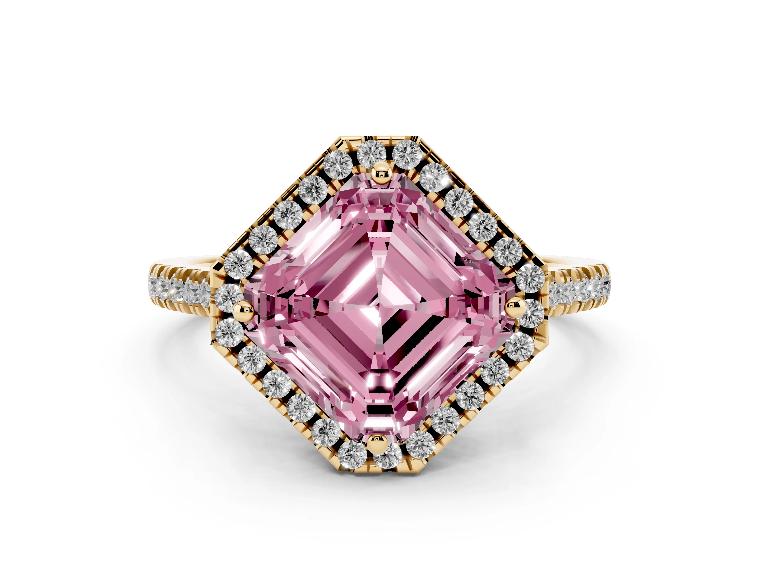 Fancy Pink Asscher Cut Diamond Cushion Halo Ring Set in Yellow gold with Pavé Band