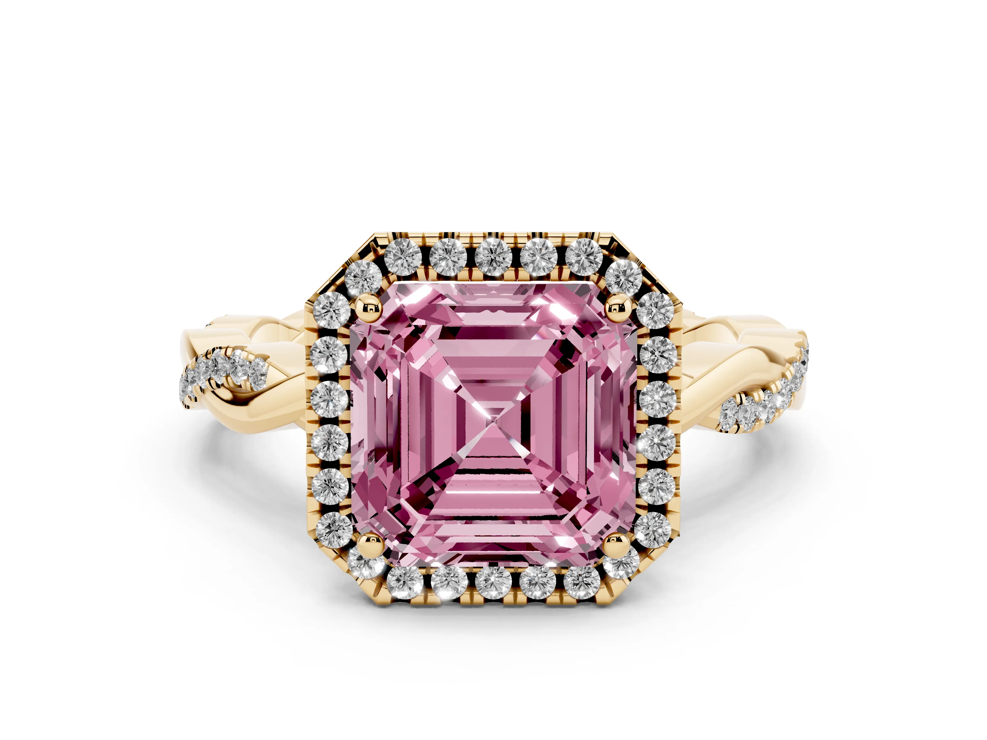 Fancy Pink Asscher Cut Diamond Halo Twisted Band Ring Set in Yellow gold with Prong Setting