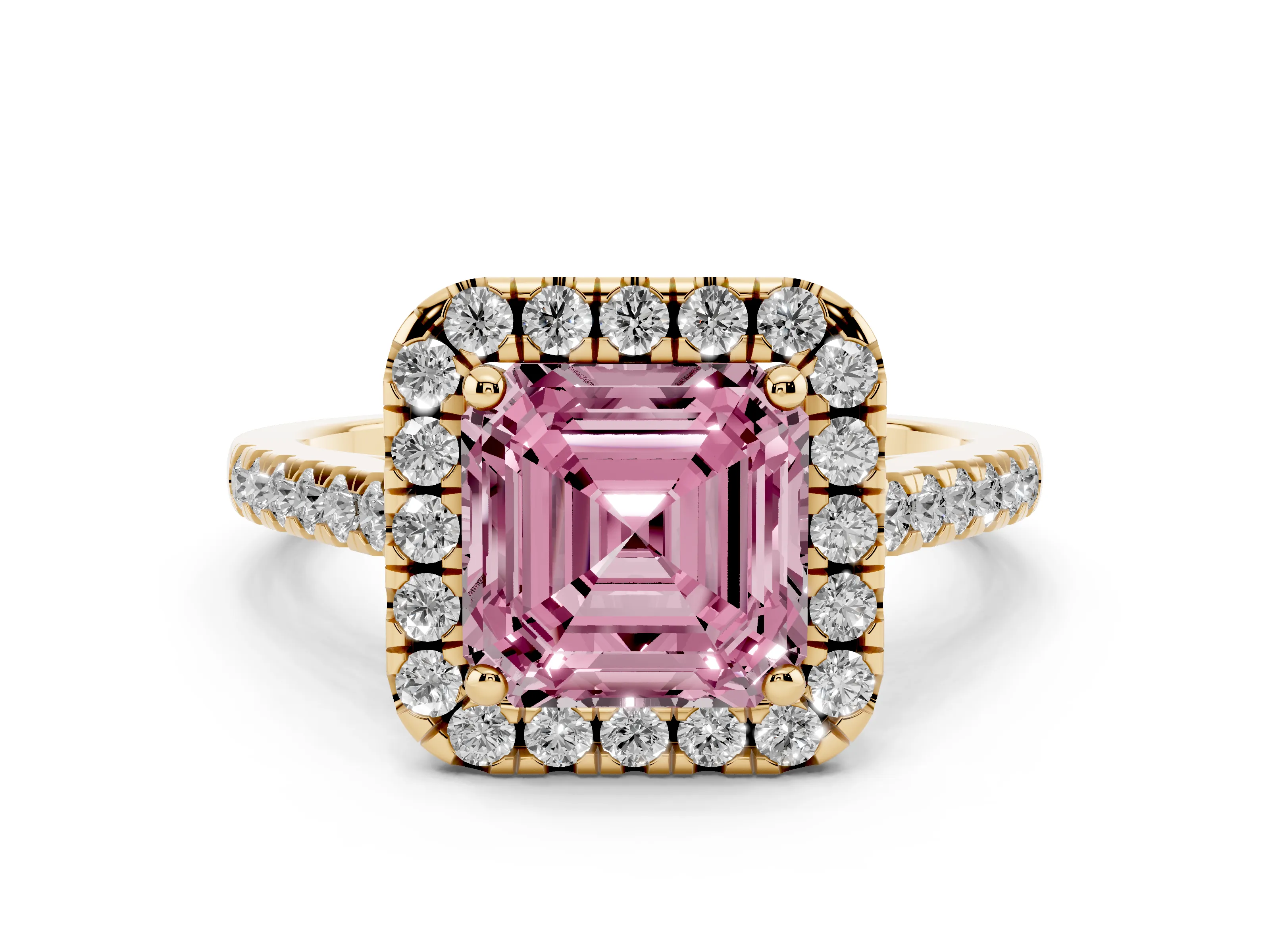 Fancy Pink Asscher Cut Diamond Pavé Halo Engagement Ring Set in Yellow gold with Pavé Band and Prong Setting