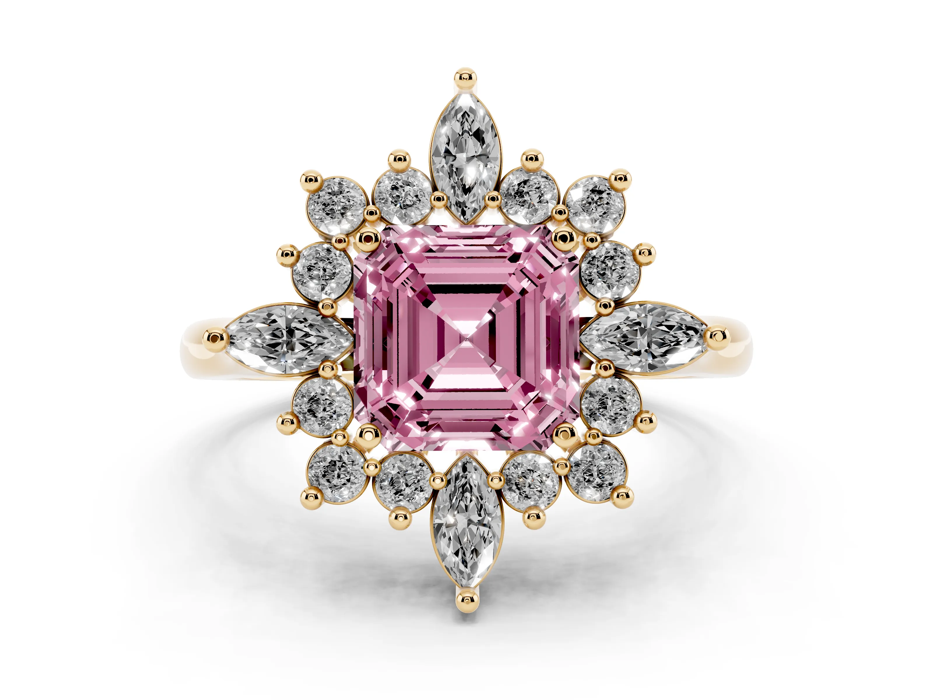 Fancy Pink Asscher Cut Diamond Cluster Halo Ring Set in Yellow gold with Marquise and Round Accents